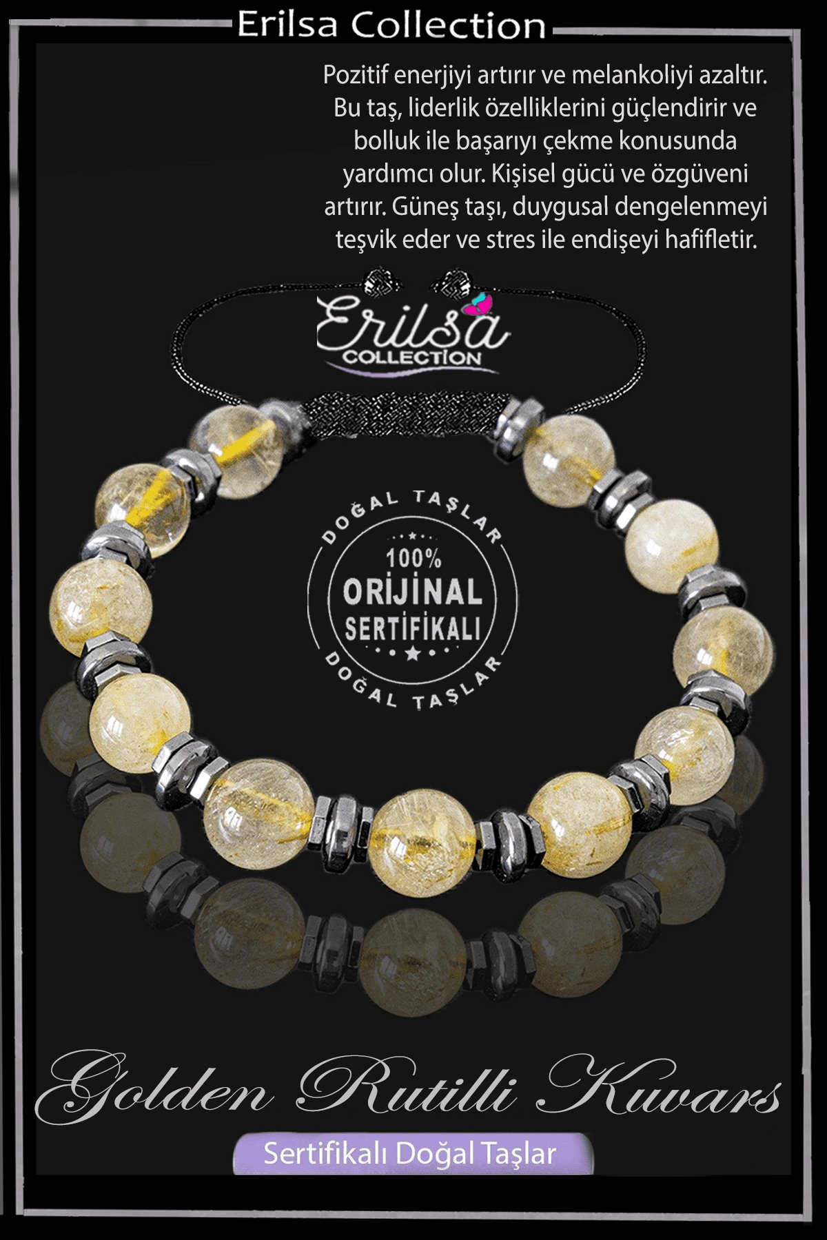 Sertifikalı Gerçek Golden Rutilli Kuvars  Taşı Bileklik - Ayarlamalı