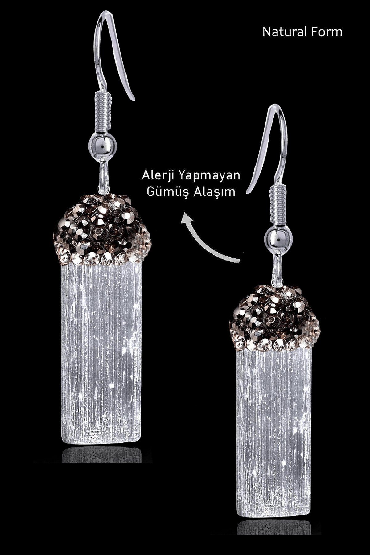 Sertifikalı Zirkon Taşlı Model Ham İşlenmemiş Selenit Taşı Küpe