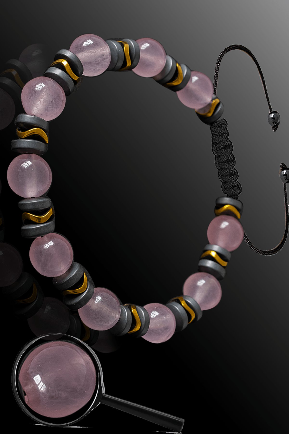 Sertifikalı Gerçek Mat Hematit - Pembe Kuvars Taşı Bileklik - Ayarlamalı