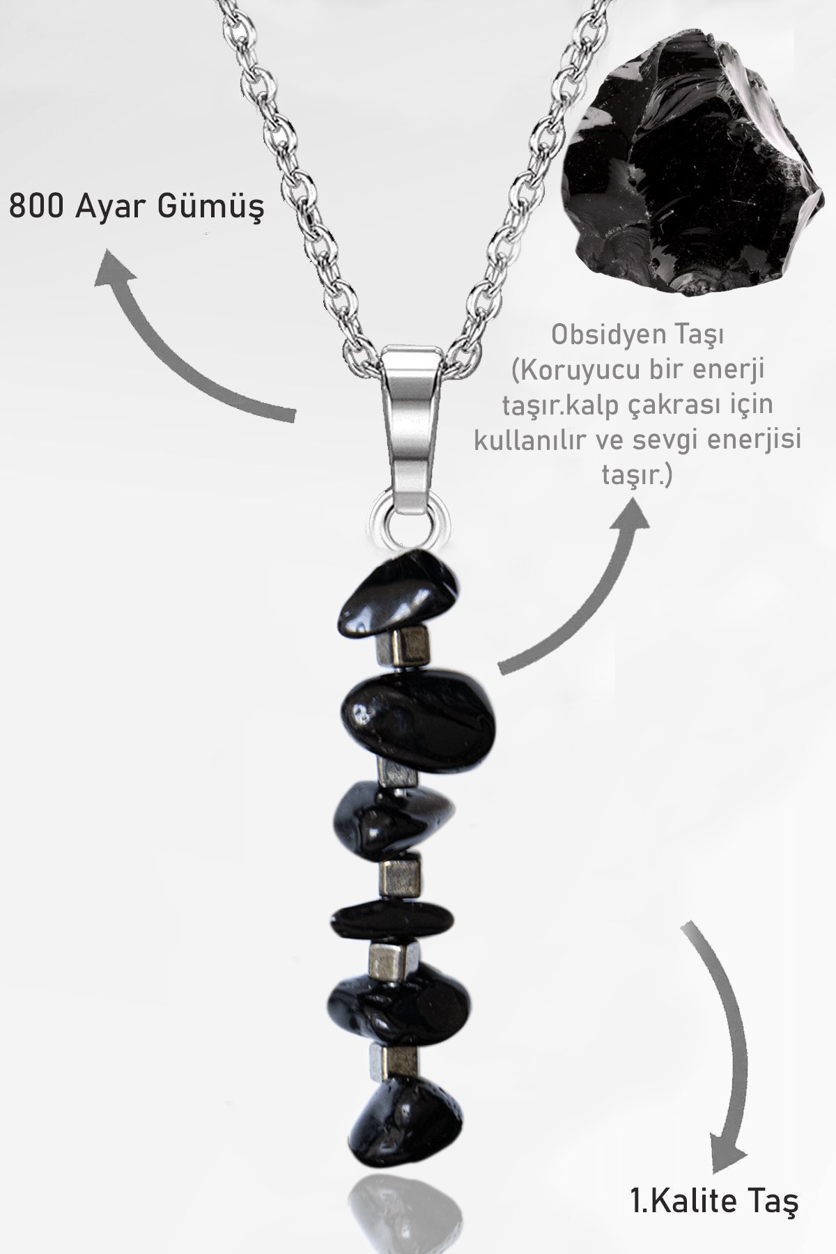 Sertifikalı Kırık Taşlı Model Obsidyen Taşı Kolye