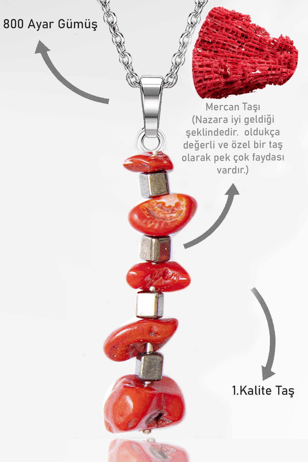 Sertifikalı Kırık Taşlı Model Kırmızı Mercan Taşı Kolye