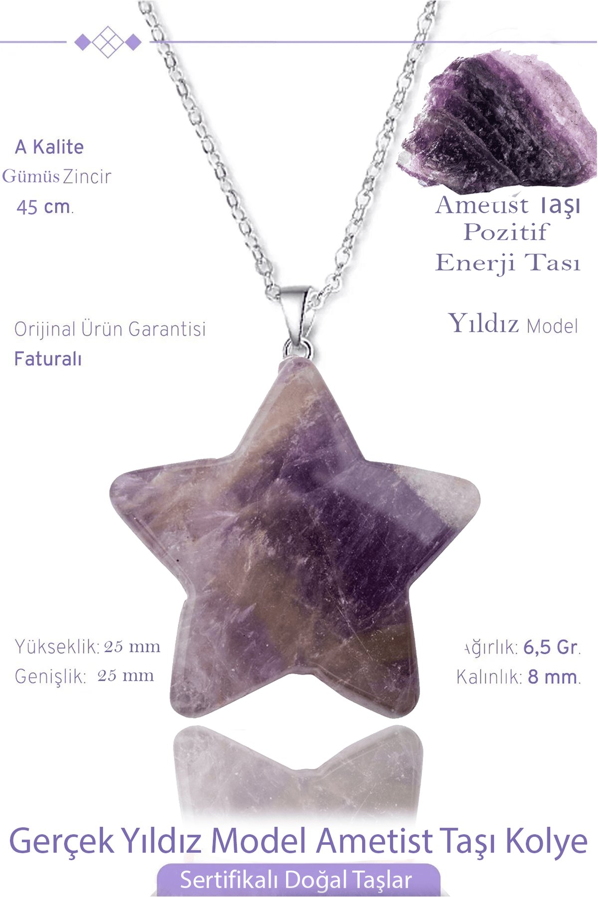 Sertifikalı Gerçek Yıldız Model Ametist Taşı Kolye - Gümüş Aparatlı