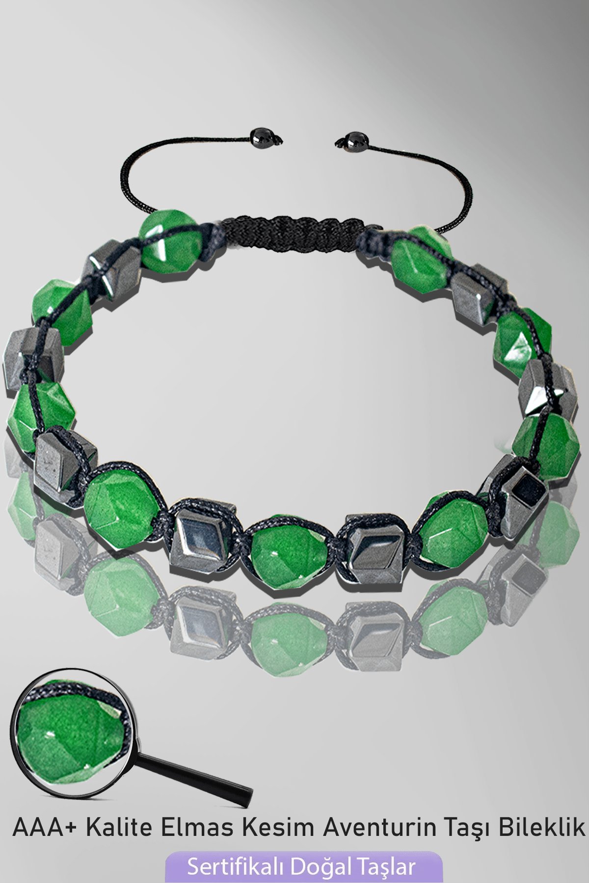 Sertifikalı AAA+ Elmas Kesim Terahertz - Aventurin Taşı Bileklik - Ayarlamalı