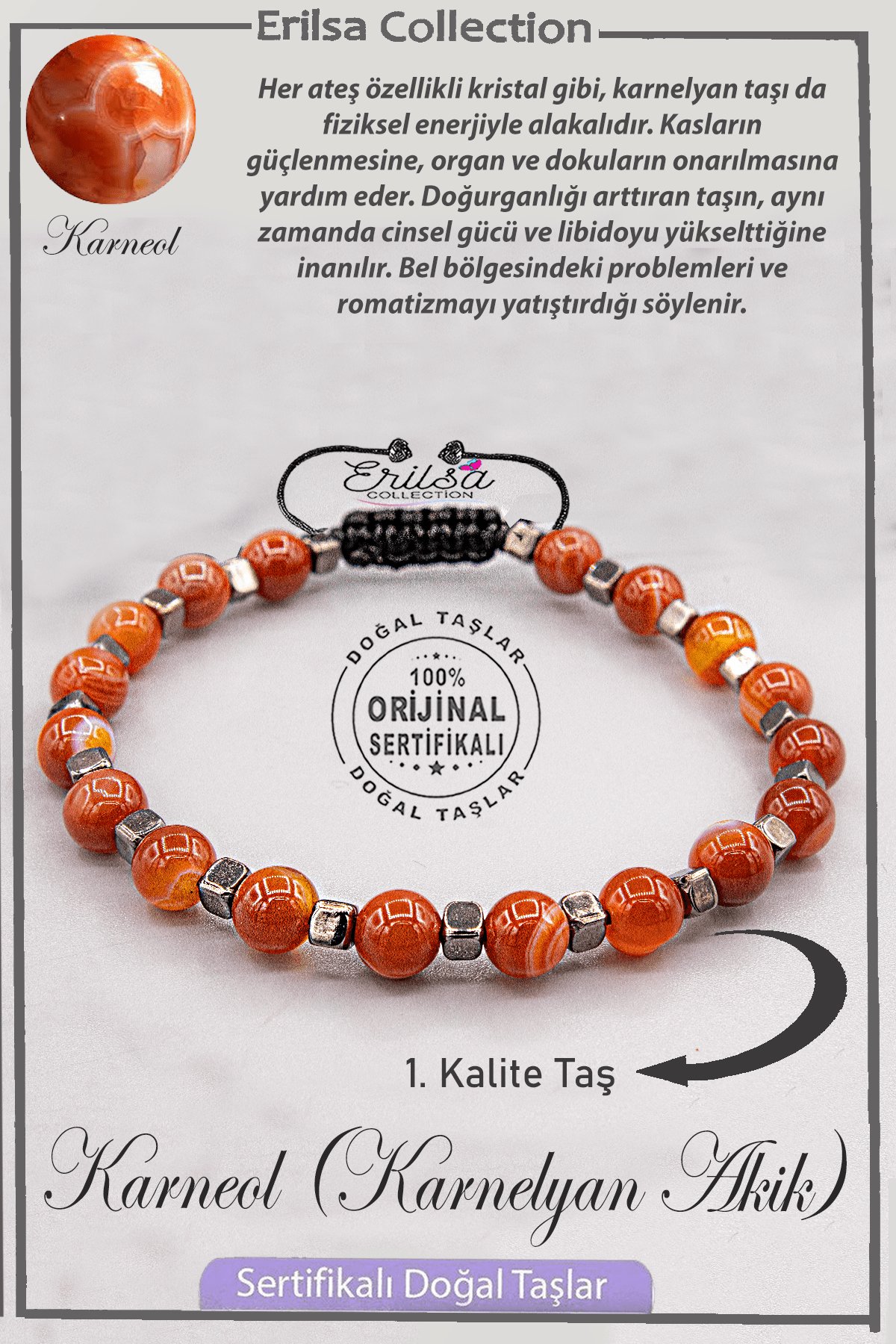 Sertifikalı AAA+ Kalite Gerçek Terahertz - Karnelyan Akik Taşı Bileklik (Karneol)