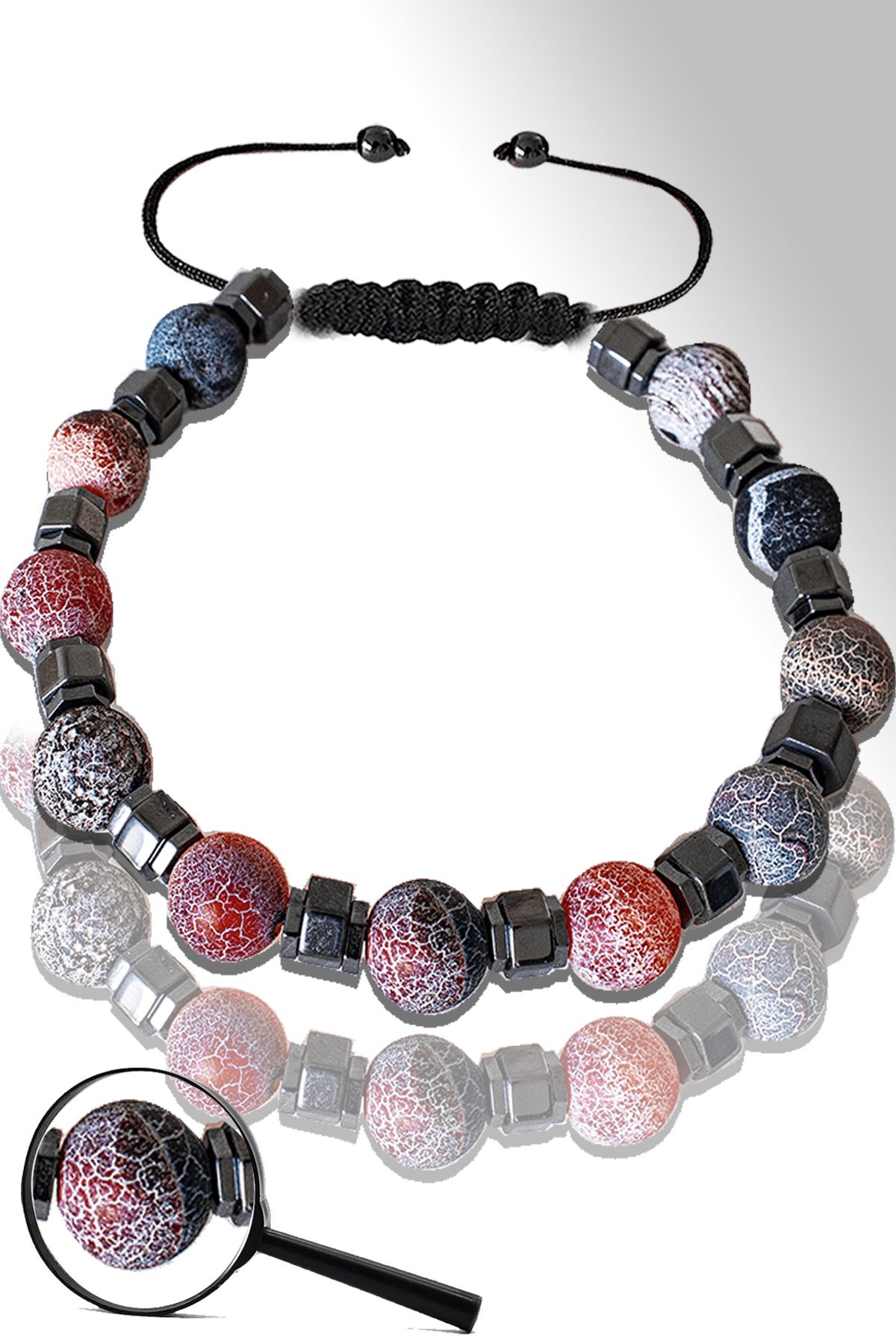 Sertifikalı Silver Hematitli Doğal Ham Siyah - Kırmızı Akik Taşı Bileklik - Ayarlamalı
