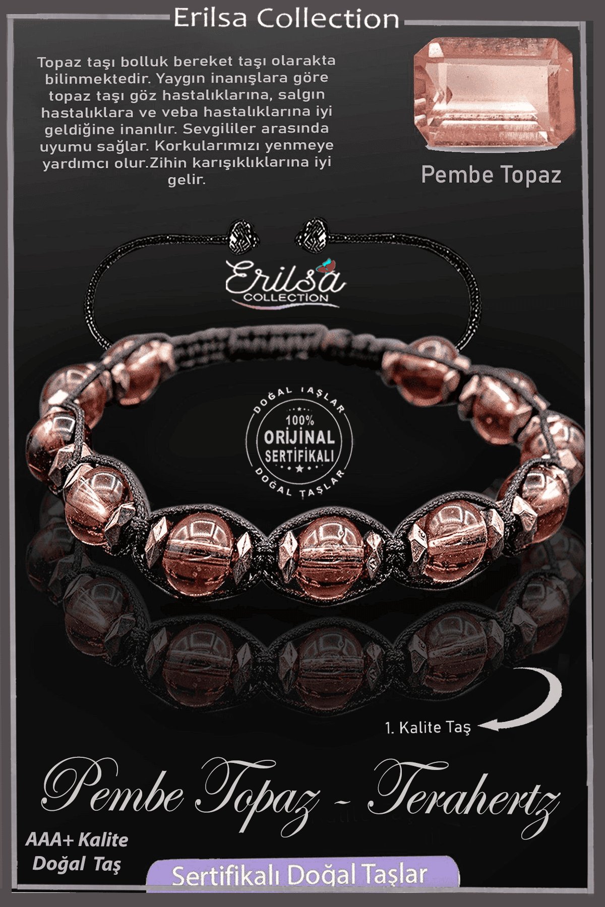 Sertifikalı Terahertz - Pembe Topaz Taşı Bileklik - Ayarlamalı