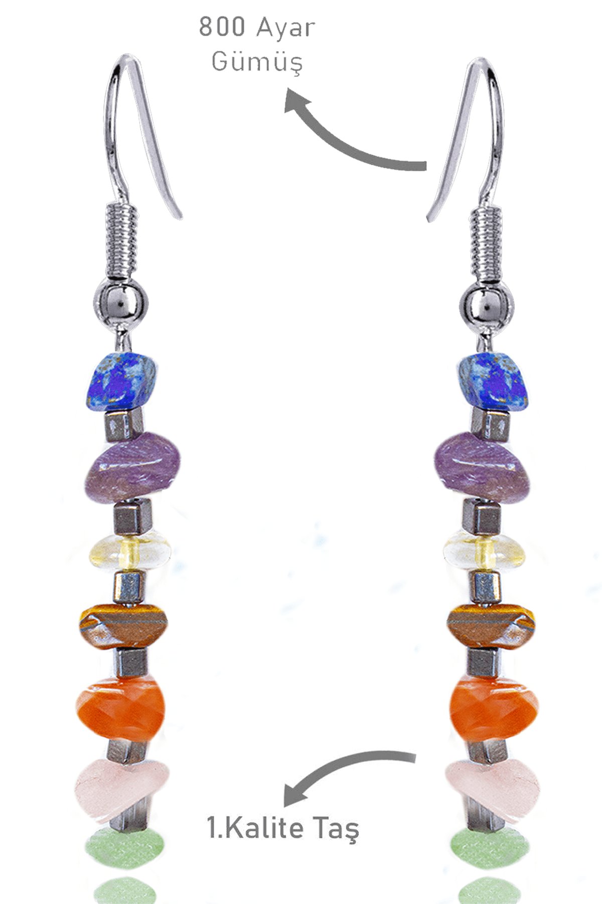 Sertifikalı Kırık Taşlı 7 Çakra Doğal Taş Küpe - Lapis Ametist Sitrin Kaplan Gözü Akik Pembe Kuvars