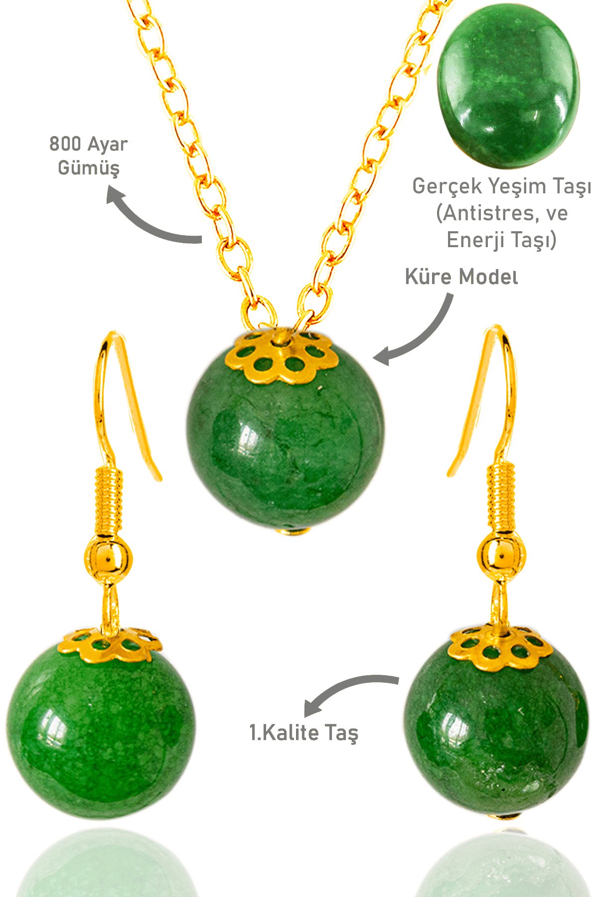 Sertifikalı Gold Küre Model Yeşim Taşı Kolye ve Küpe Seti - Gümüş Aparatlı