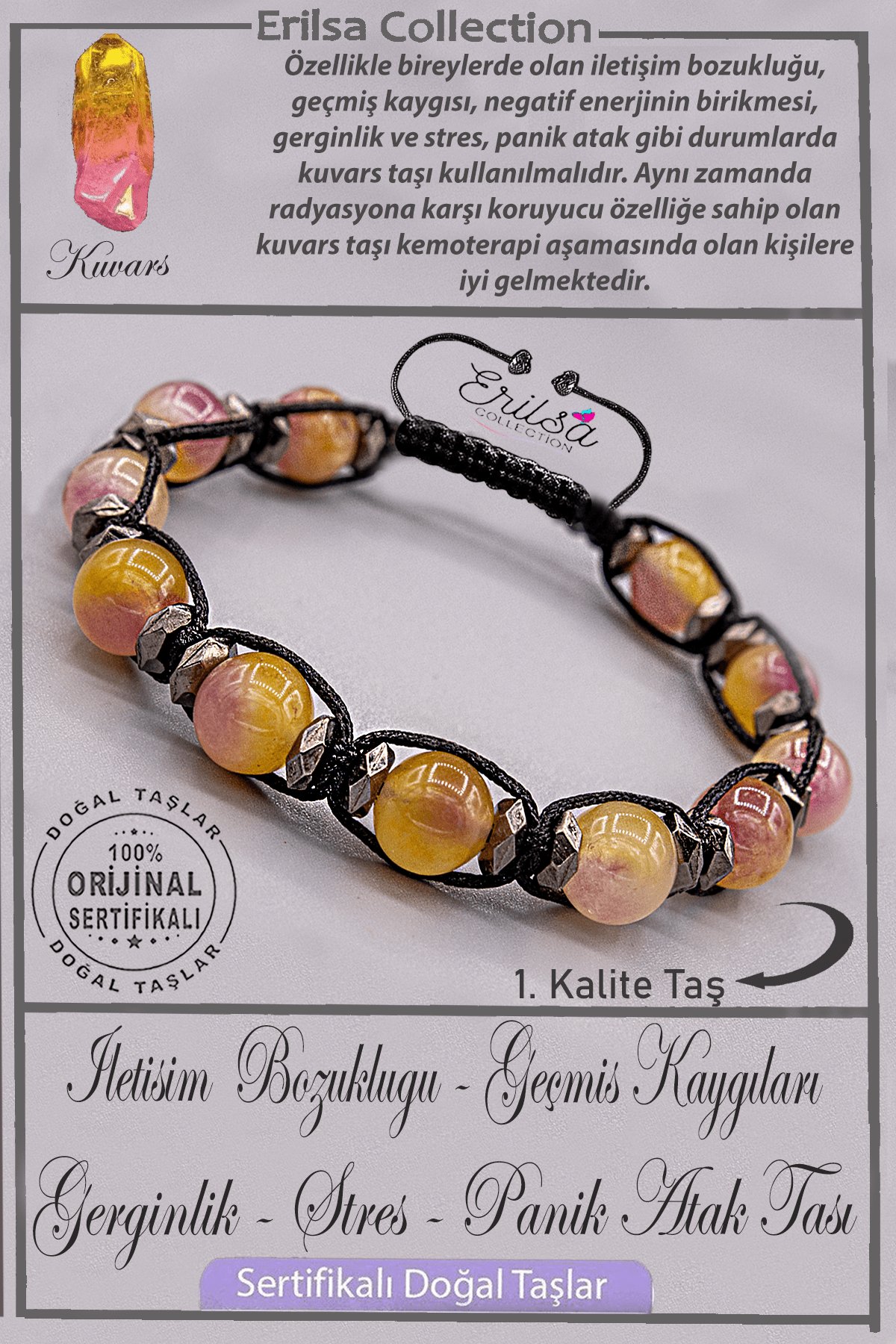 Sertifikalı Gerçek AAA+ Kalite Terahertz - Sarı Mor Kuvars Taşı Bileklik