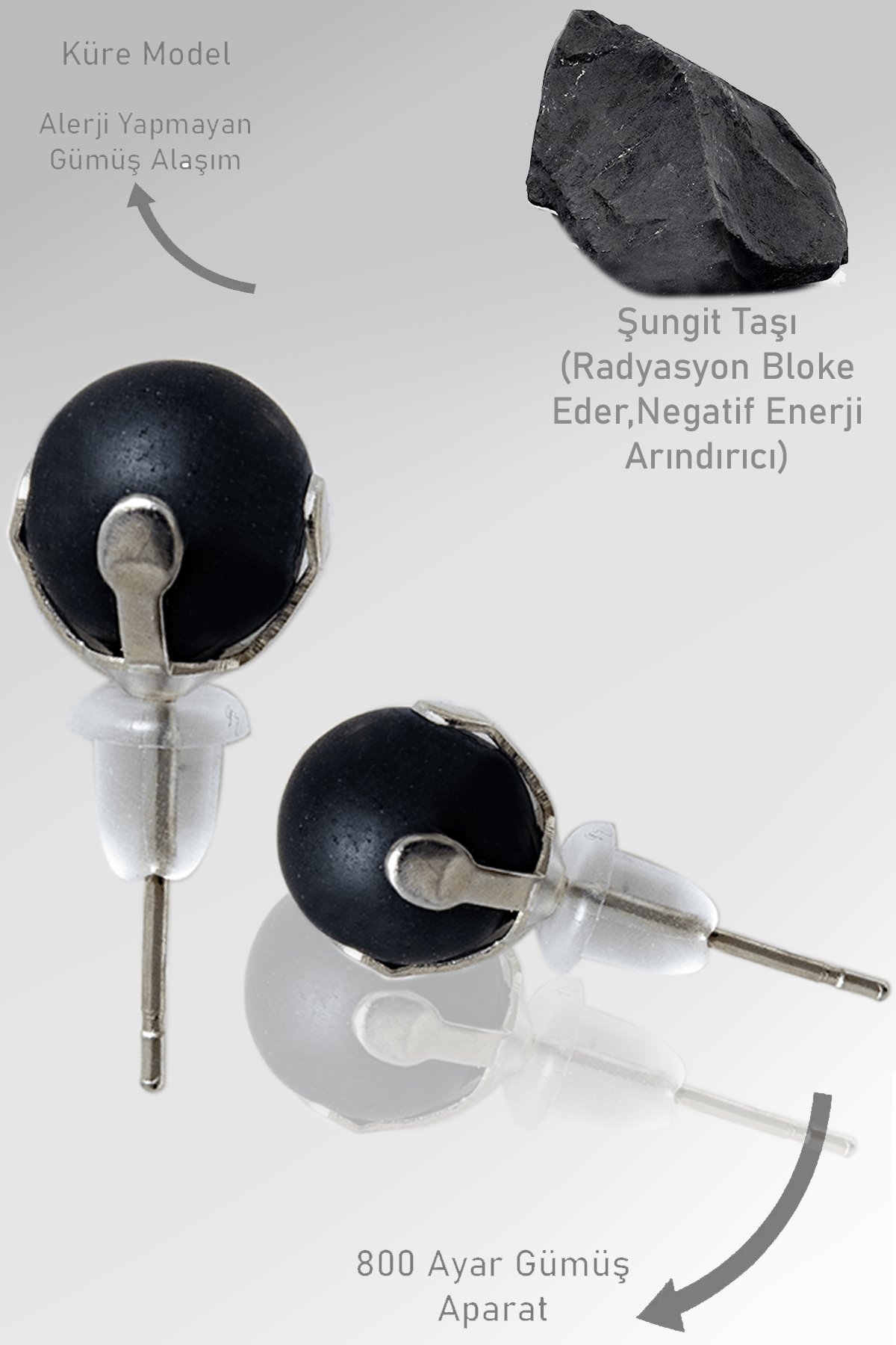 Sertifikalı Gerçek Shungite - Şungit Taşı Nokta Doğal Taş Küpe