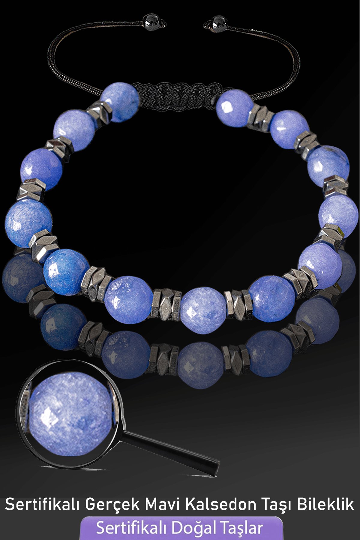 Sertifikalı Fasetli Gerçek Mavi Kalsedon Taşı Bileklik - Ayarlamalı