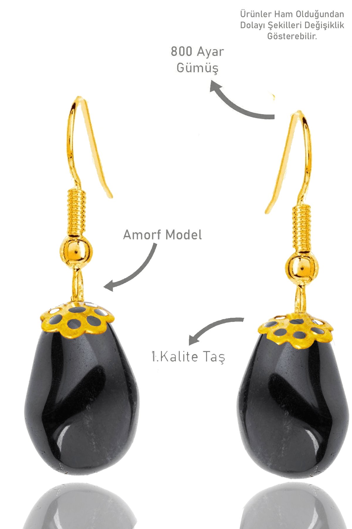 Sertifikalı Amorf Model Ham Siyah Obsidyen Taşı Küpe - Gold Renkli