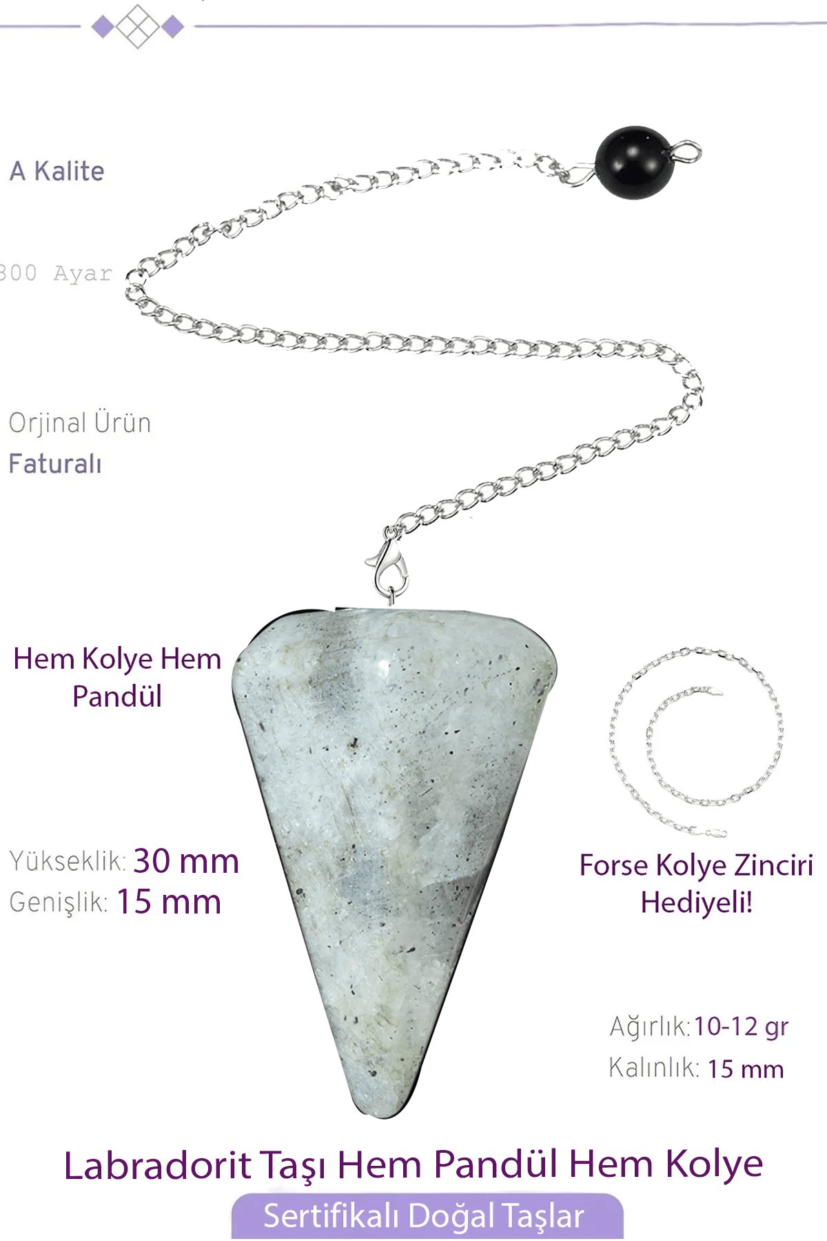 Sertifikalı Labradorit Taşı Pandül Sarkaç Hem Pandül - Hem Kolye