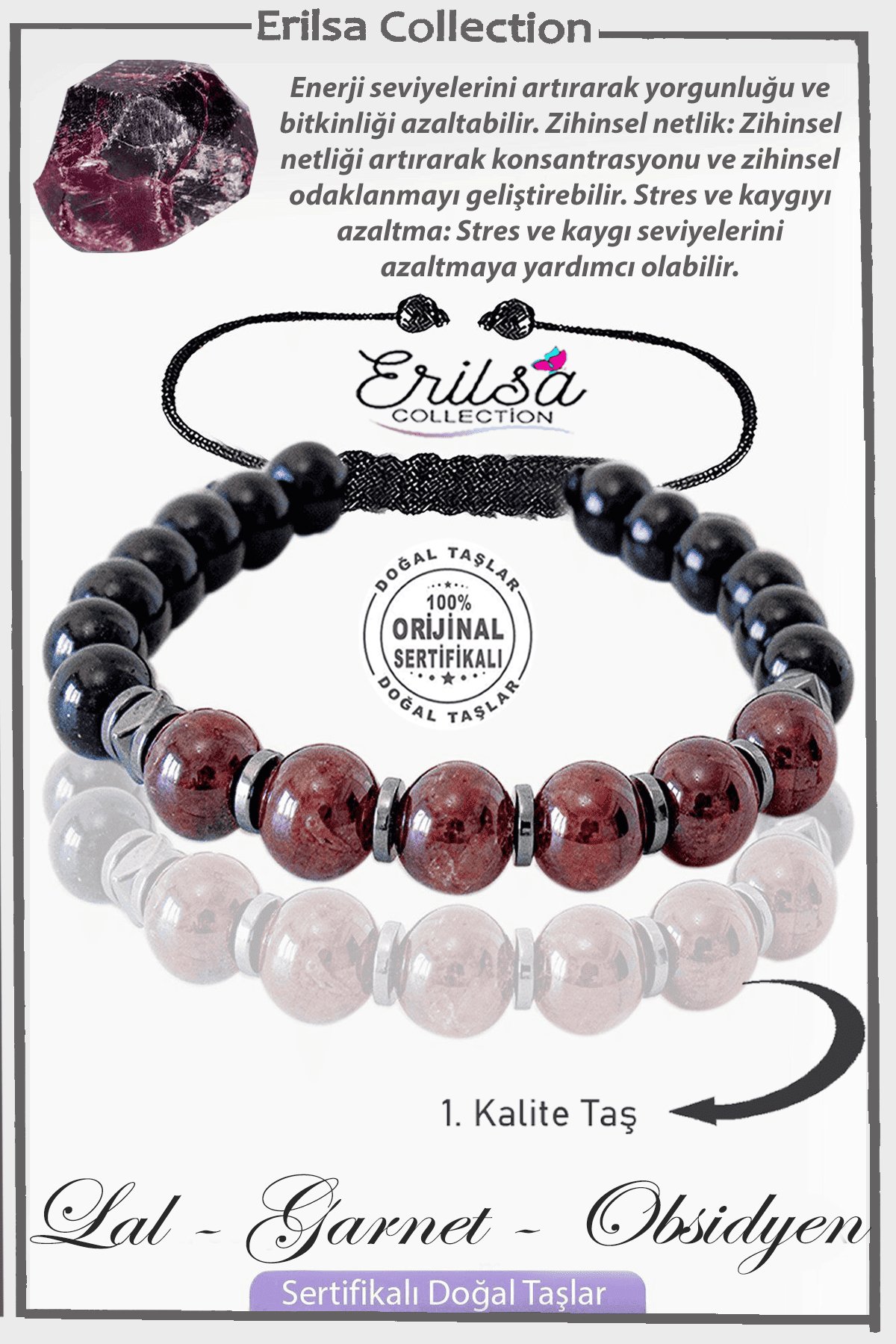 Sertifikalı Gerçek Obsidyen - Lal - Garnet - Granat Taşı Bileklik