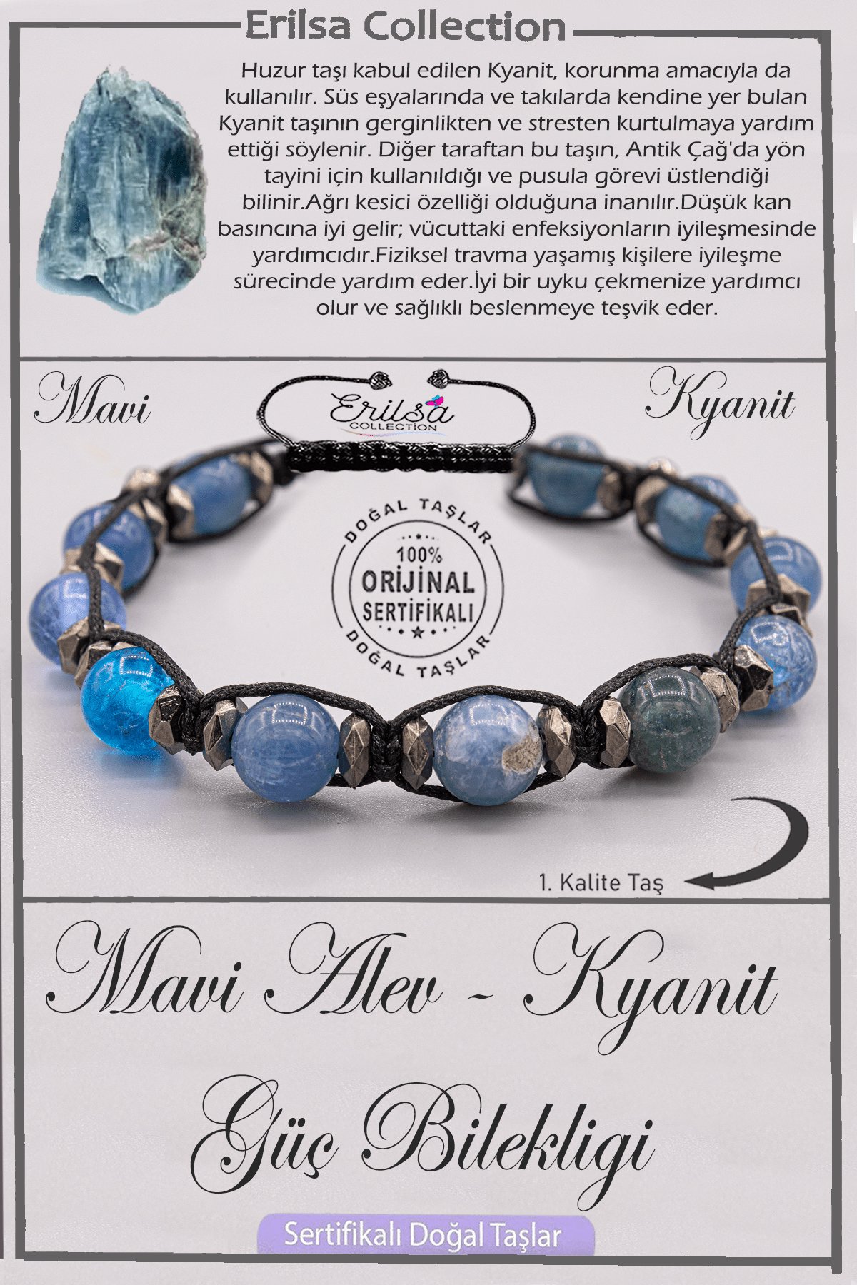 Sertifikalı AAA+ Kalite Doğal Terahertz - Kyanit Mavi Alev Güç Bilekliği