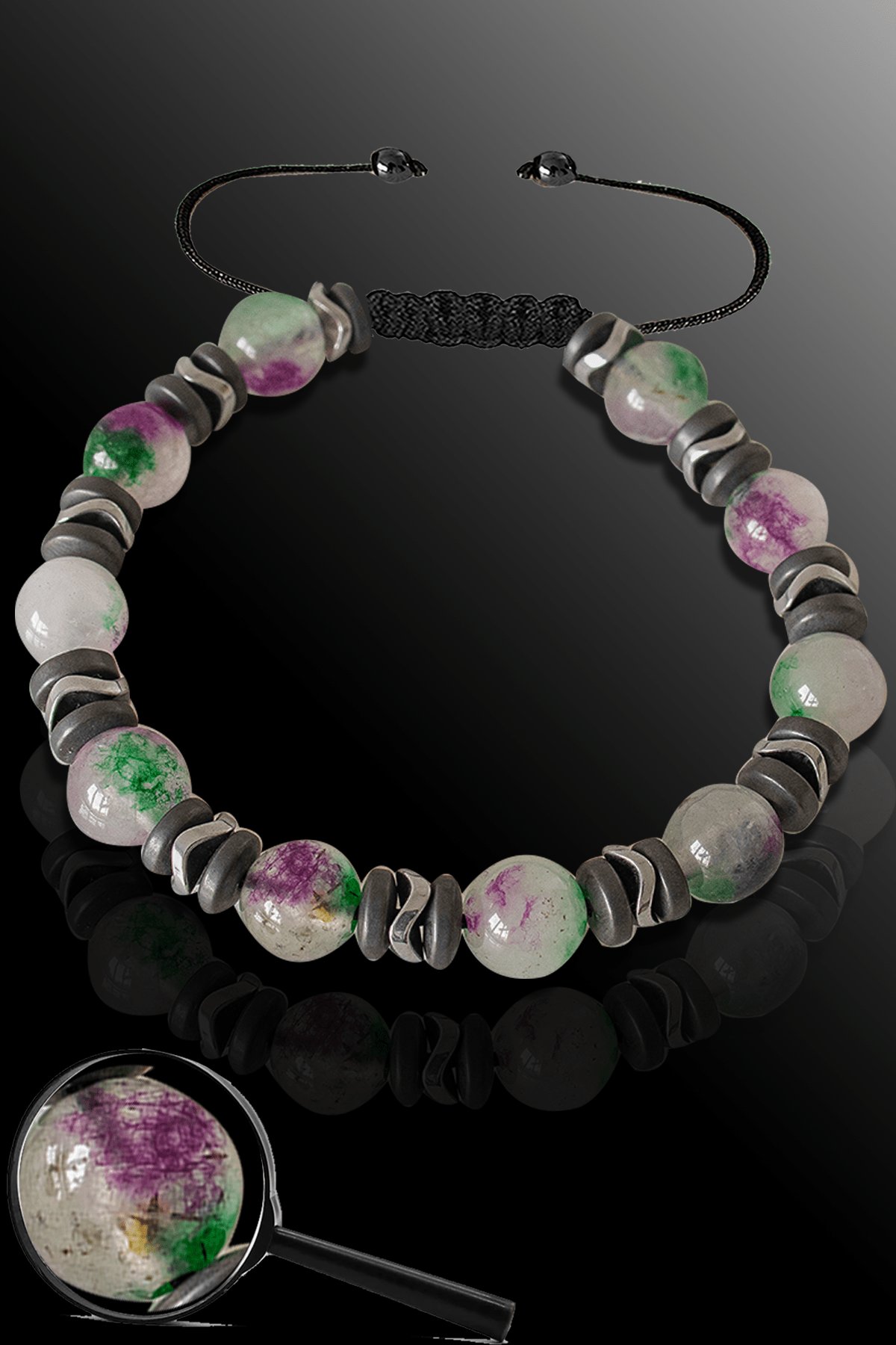 Sertifikal Mat Silver Hematit - Yosunlu Kuvars Taşı Bileklik - Ayarlamalı