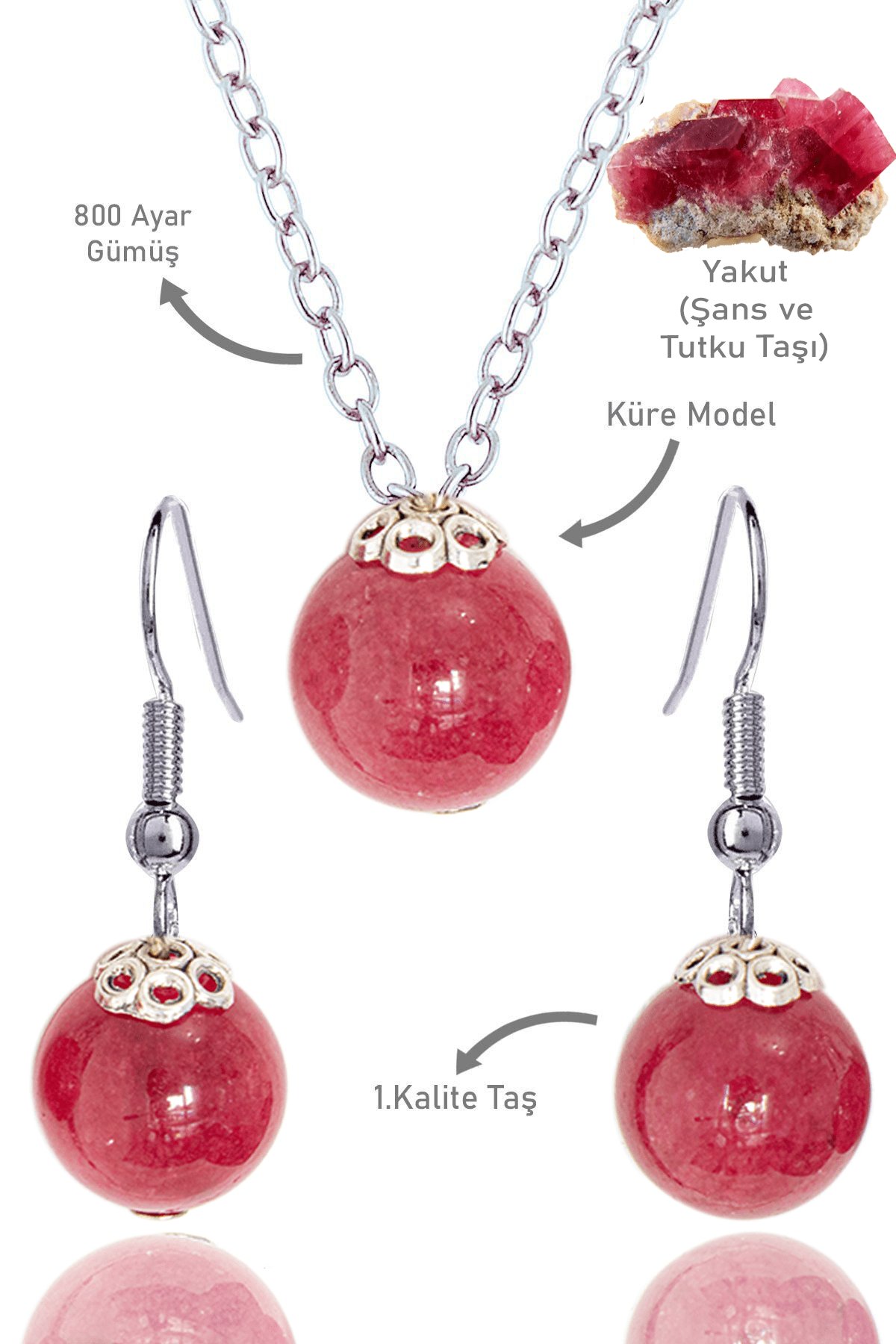 Sertifikalı Küre Model Yakut Taşı Kolye ve Küpe Seti - Gümüş Aparatlı