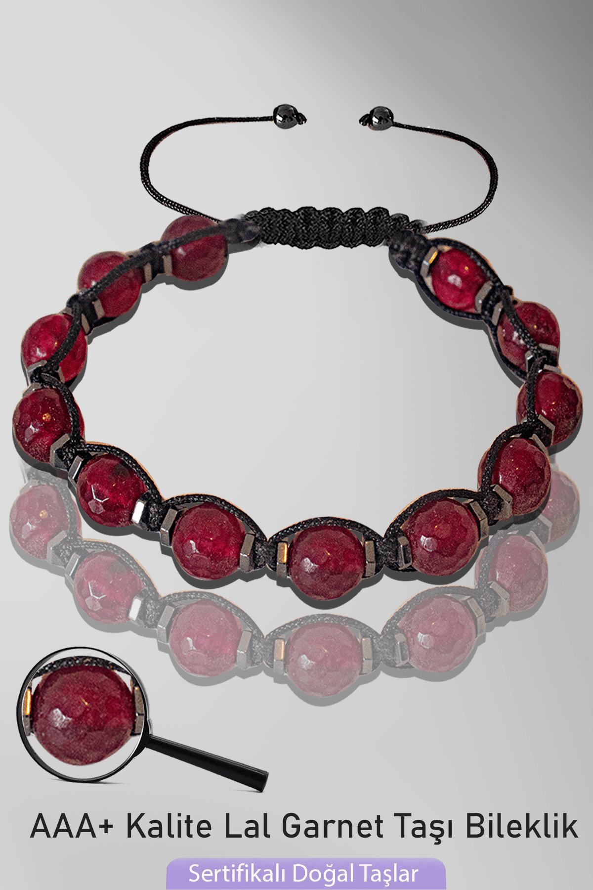 Sertifikalı Makrome Fasetli Lal Garnet Granat Taşı Bileklik - Ayarlamalı