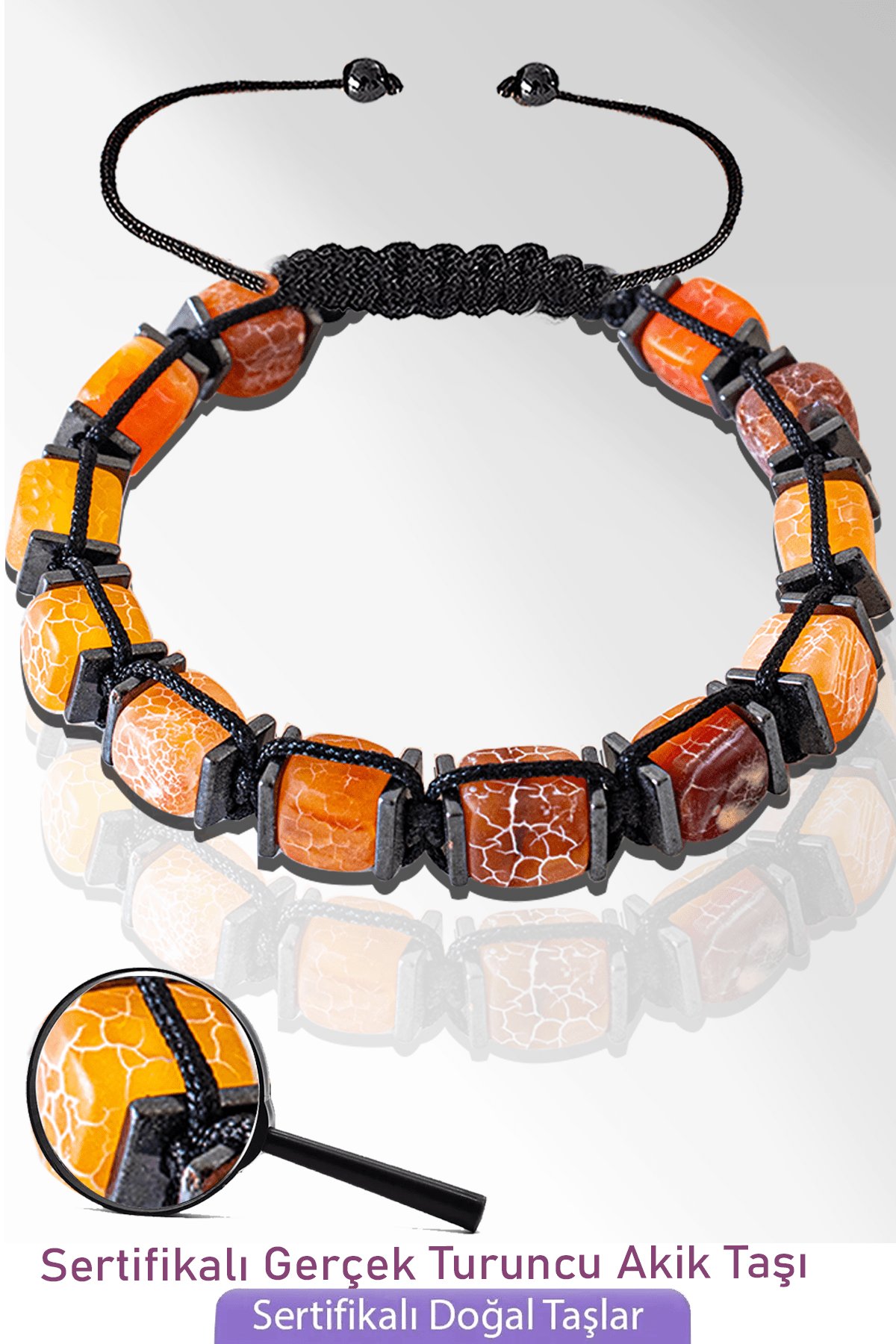 Sertifikalı Küp Model Doğal Ham Turuncu Akik Taşı Bileklik - Ayarlamalı