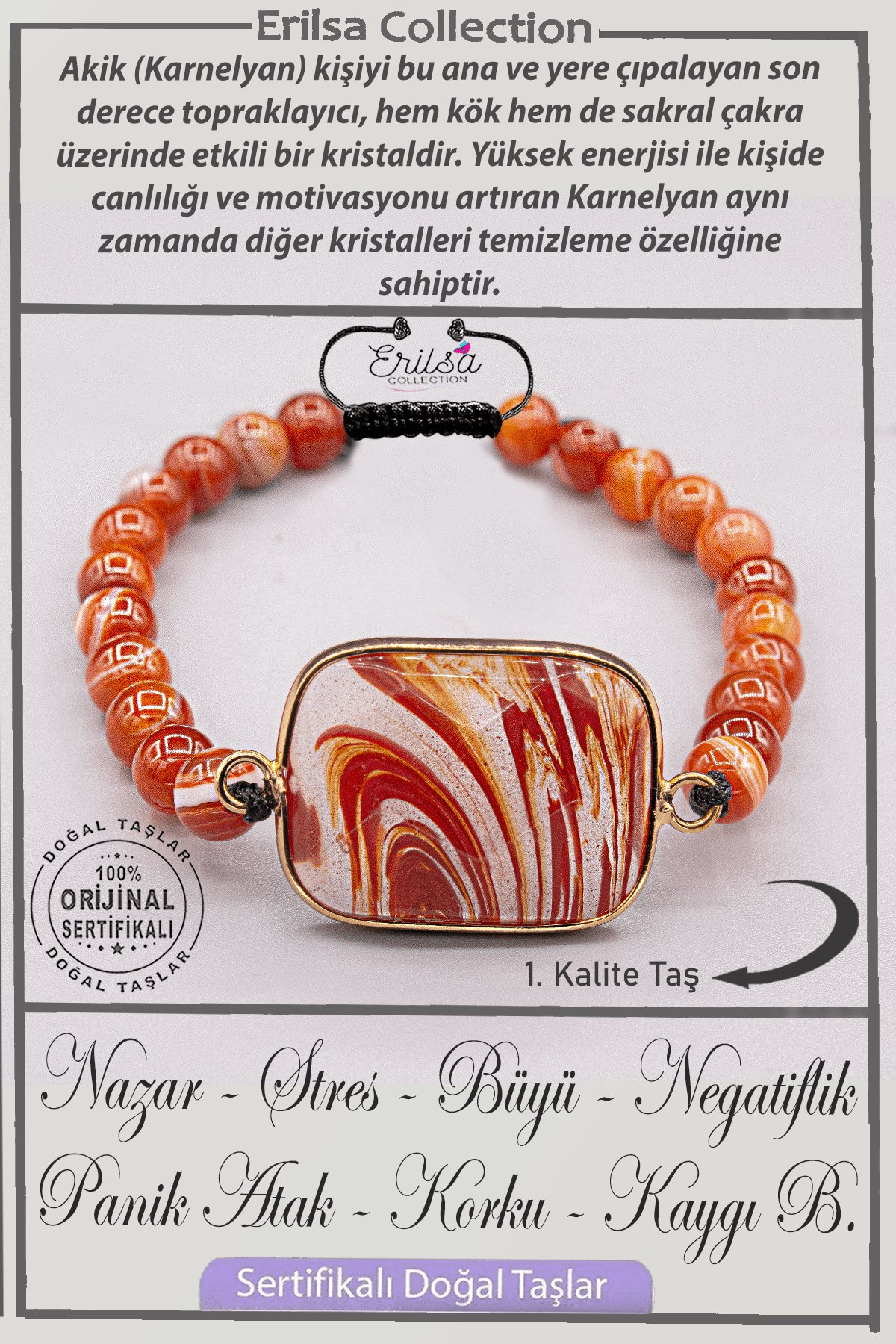 Sertifikalı Gerçek AAA+ Kalite Karnelyan Akik - Karneol Taşı Bileklik - Gold