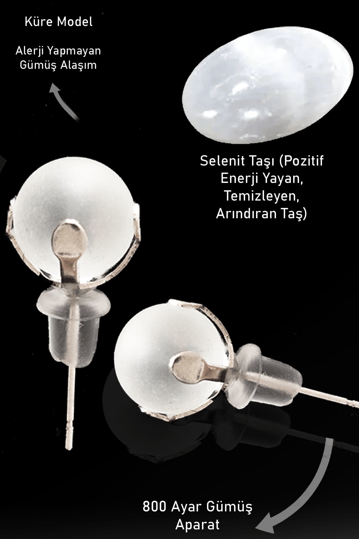 Sertifikalı Gerçek Selenit Taşı Nokta Doğal Taş Küpe