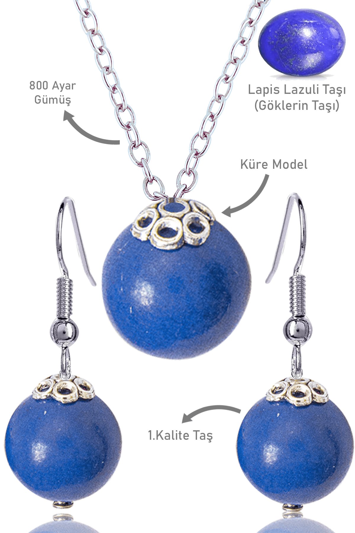 Sertifikalı Küre Model Lapis Lazuli Taşı Kolye ve Küpe Seti - Gümüş Aparatlı