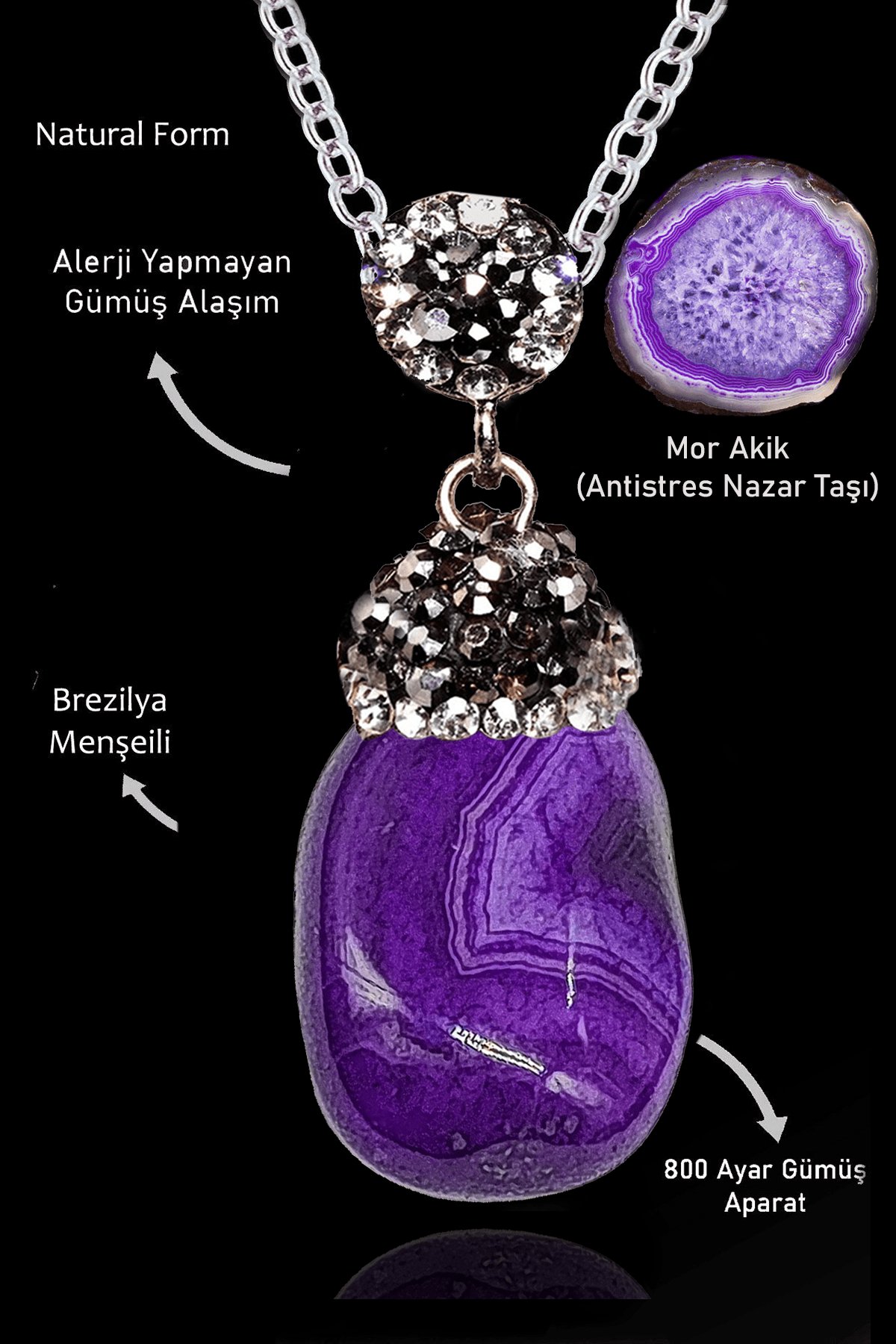 Sertifikalı Zirkon Taşlı Model Ham Mor Akik Taşı Kolye