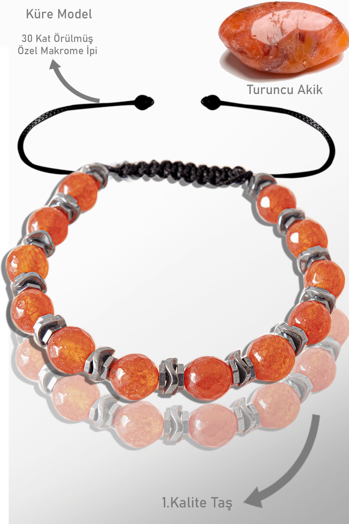 Sertifikalı Gerçek Hematit - Damarlı Turuncu Kızıl Akik Taşı Bileklik - Ayarlamalı