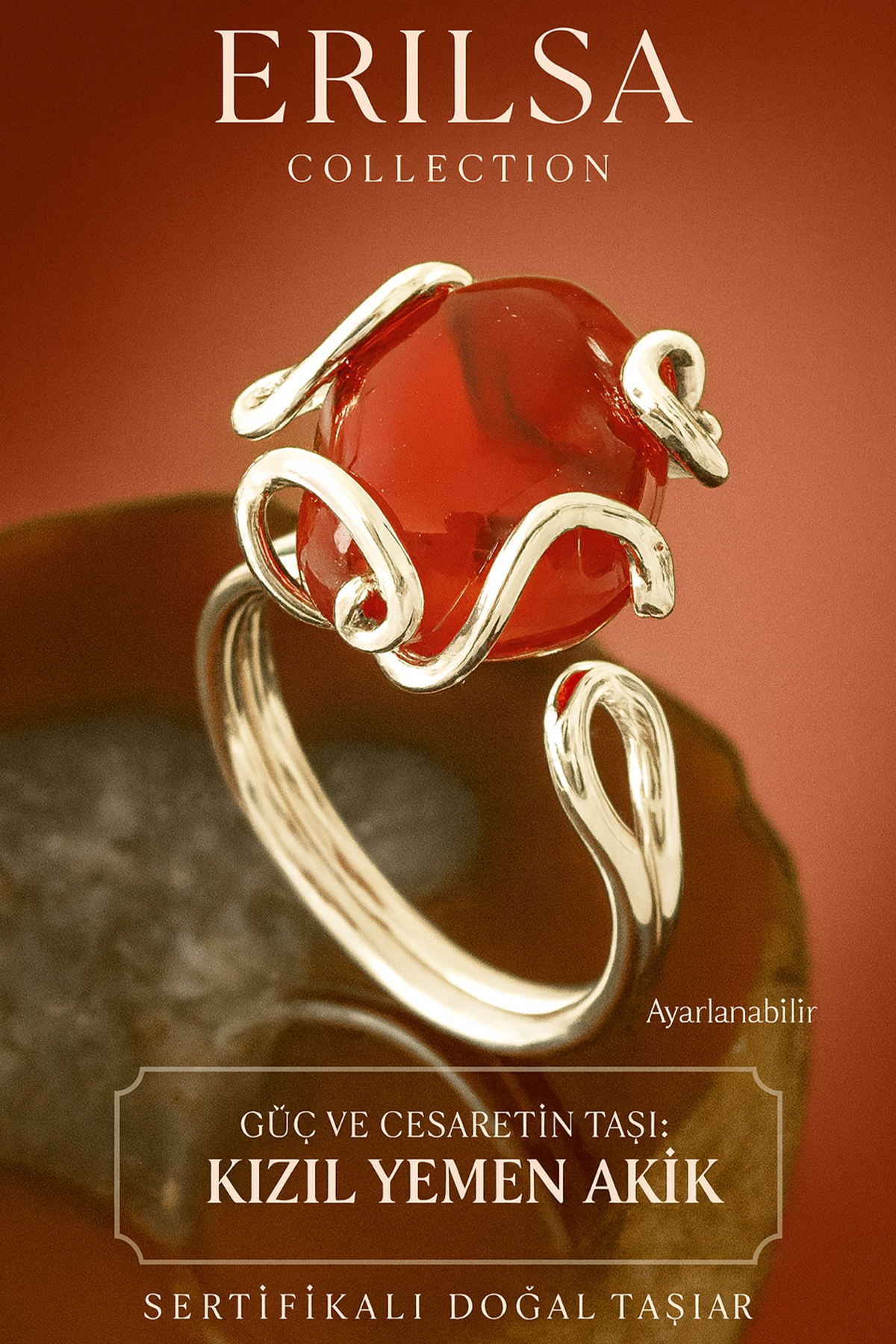 Sertifikalı Gümüş Rokoko Model Kızıl Yemen Akik Taşı Yüzük - Ayarlamalı
