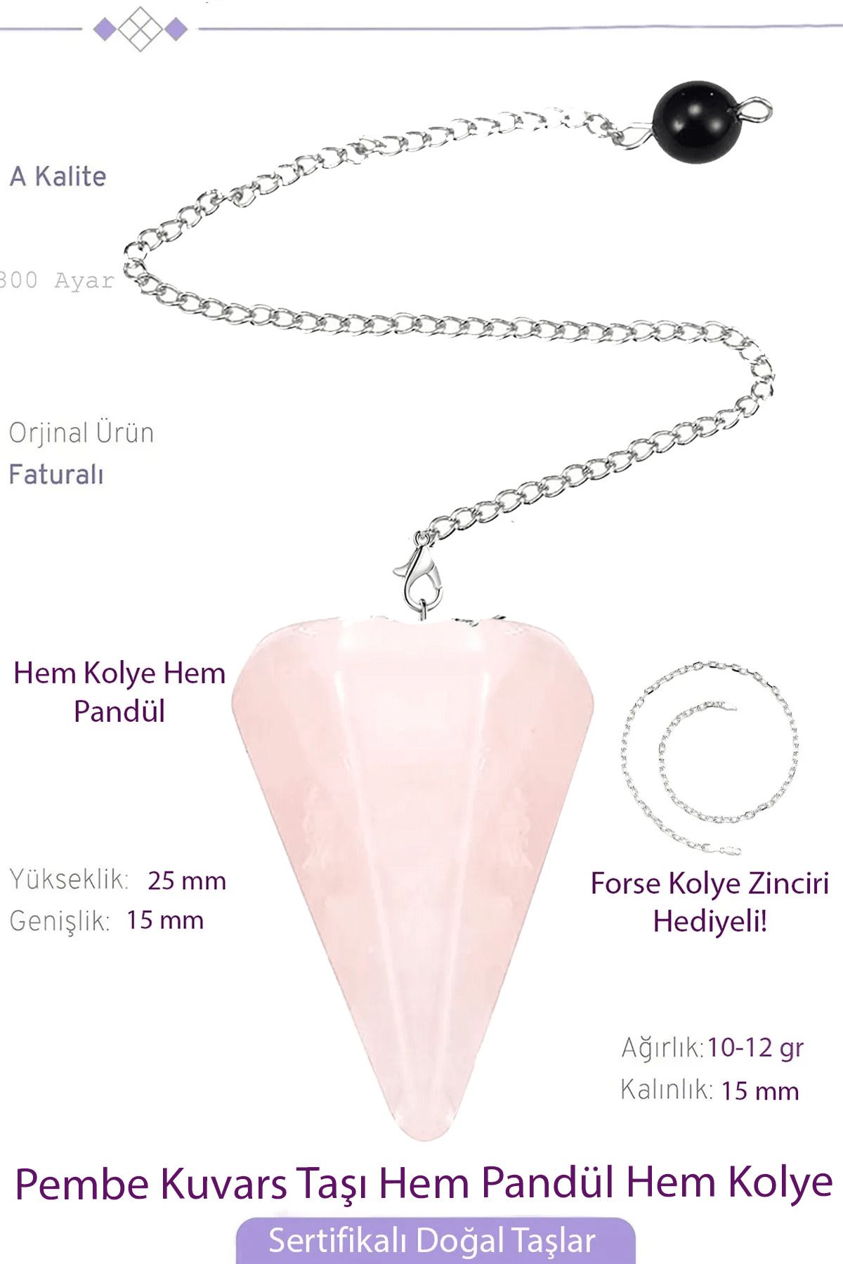 Sertifikalı Pembe Kuvars Taşı Pandül Sarkaç Hem Pandül - Hem Kolye Doğal Pembe Renk 40 cm