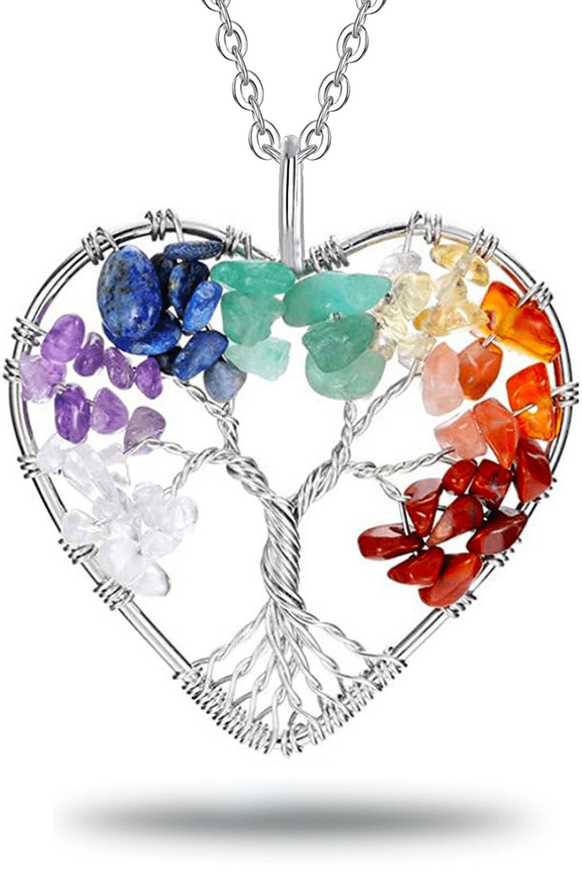 Sertifikalı Kalp Zebercet Ametist Lapis Lazuli Sitrin Akik Jasper Taşı 7 Çakra Hayat Ağacı Kolye Doğal Renk