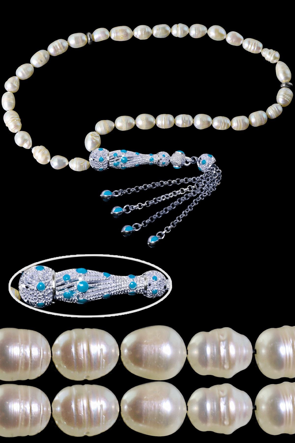 Sertifikalı Beyaz Mavi Mineli Telkari Püskül Doğal Istiridye Inci Tesbih Beyaz Siyah Mineli Telkari Püsküllü