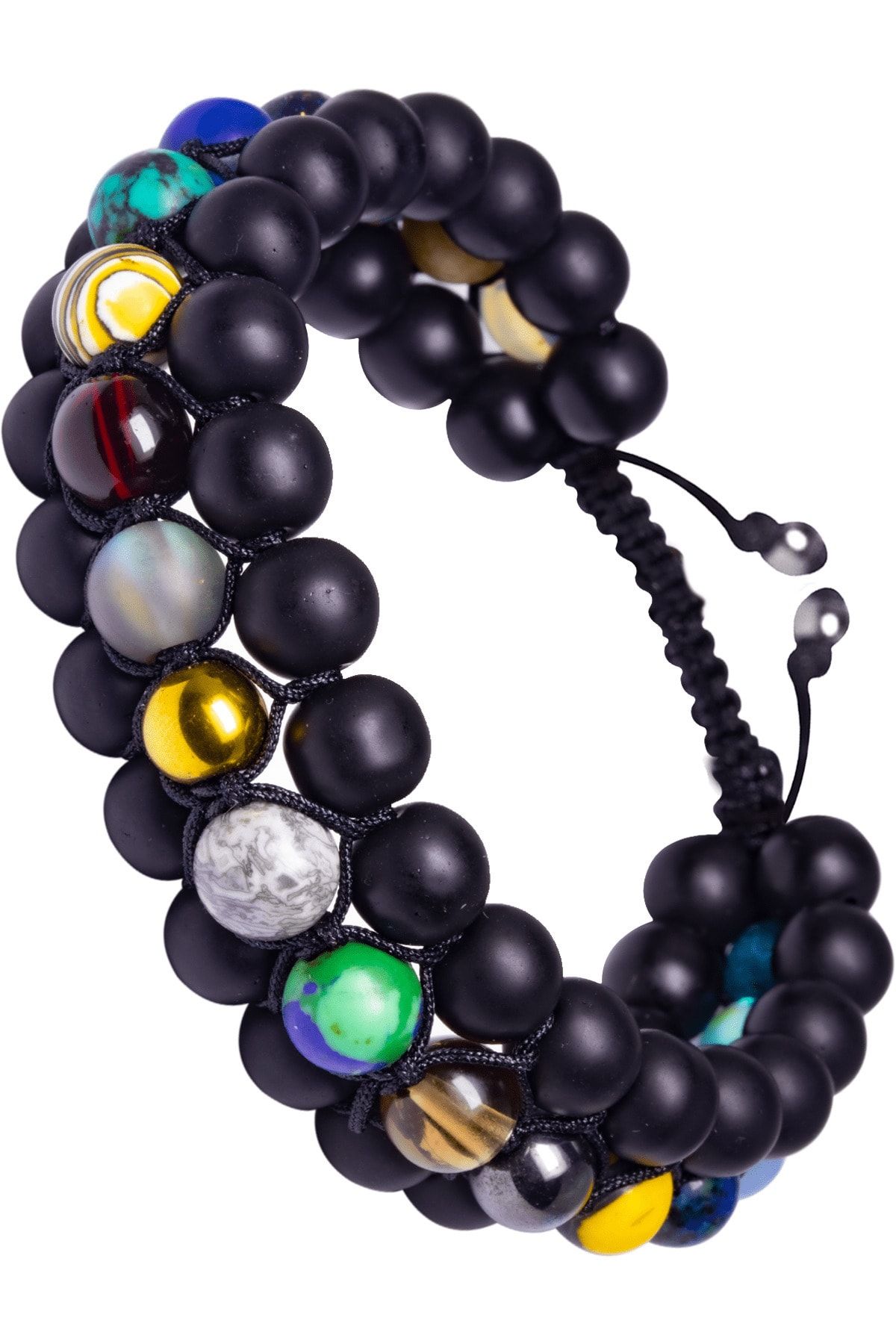 Sertifikalı Makrome Doğal Oniks Kuvars Akik Jade Taşı 7 Çakra Bileklik Siyah Renk