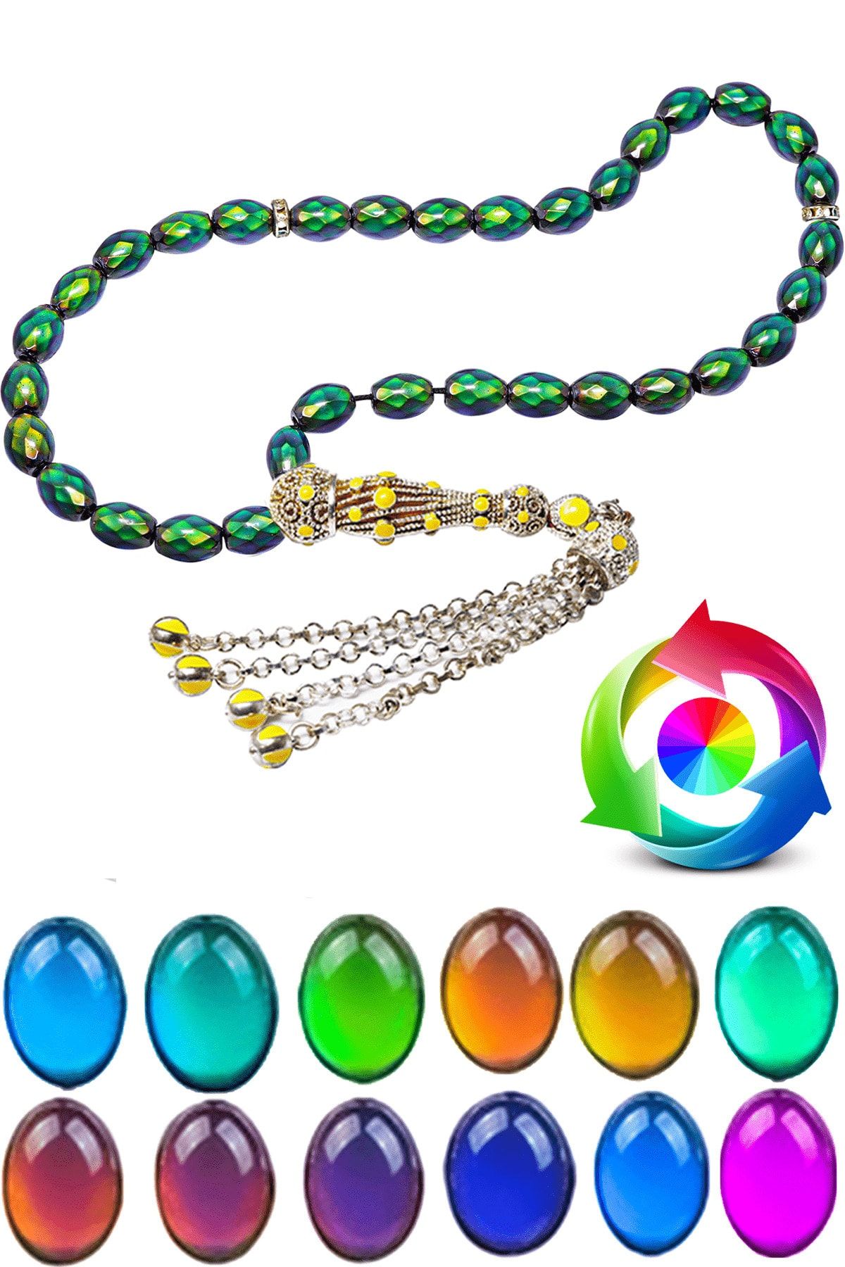 Sertifikalı Vücut Isısına Göre 12 Renk Değiştiren Telkari Püsküllü Arpa Kesim His Taşı Tesbih Sarı Kırmızı Mineli Telkari Püsküllü