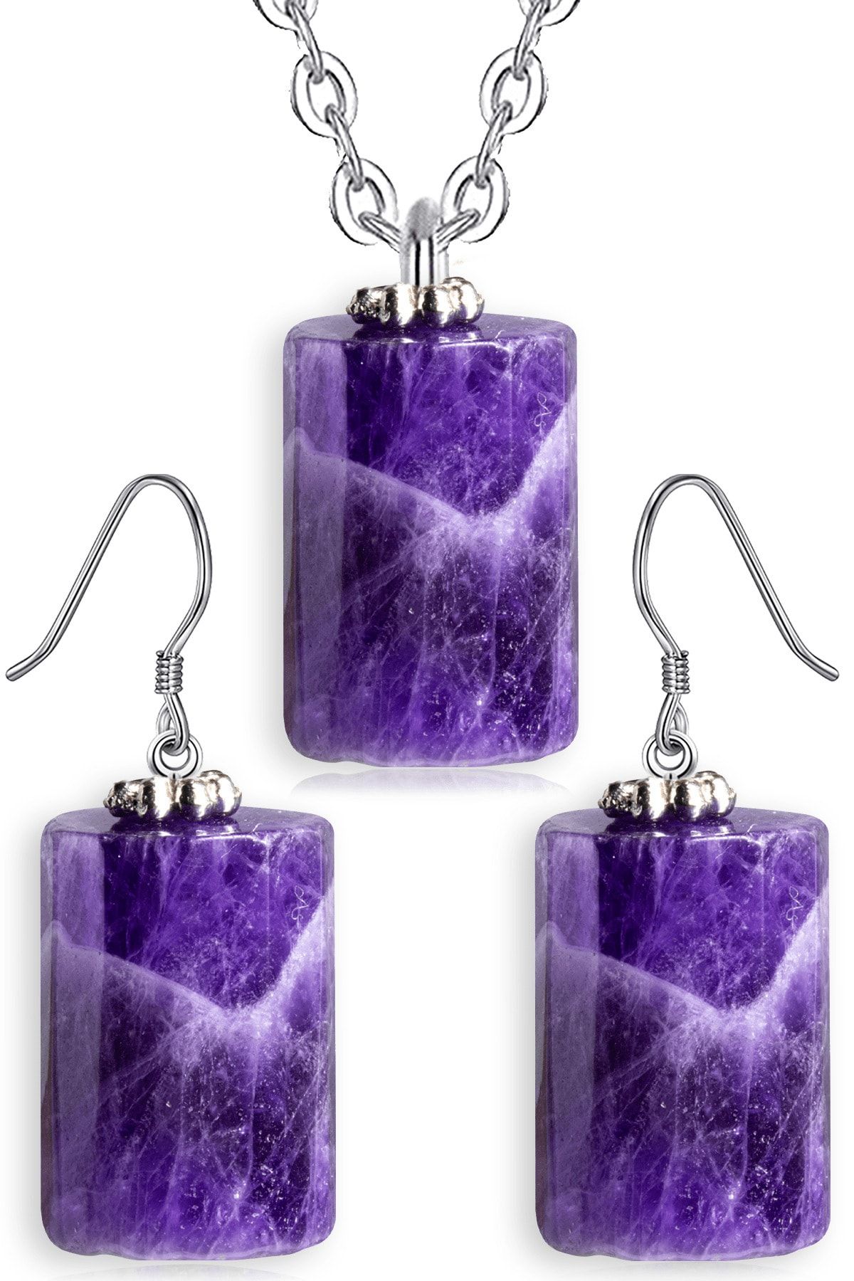 Sertifikalı Doğal Koyu Ametist Taşı Doğal Taş Kolye Küpe Seti Yeşil Renk Ayarlanabilir Yüzük Ölçüsü