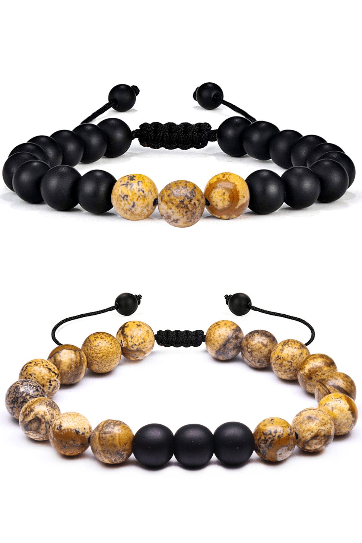 Tibet Akik Kahverengi Siyah Renk Çift Doğal Taş Bileklik Seti
