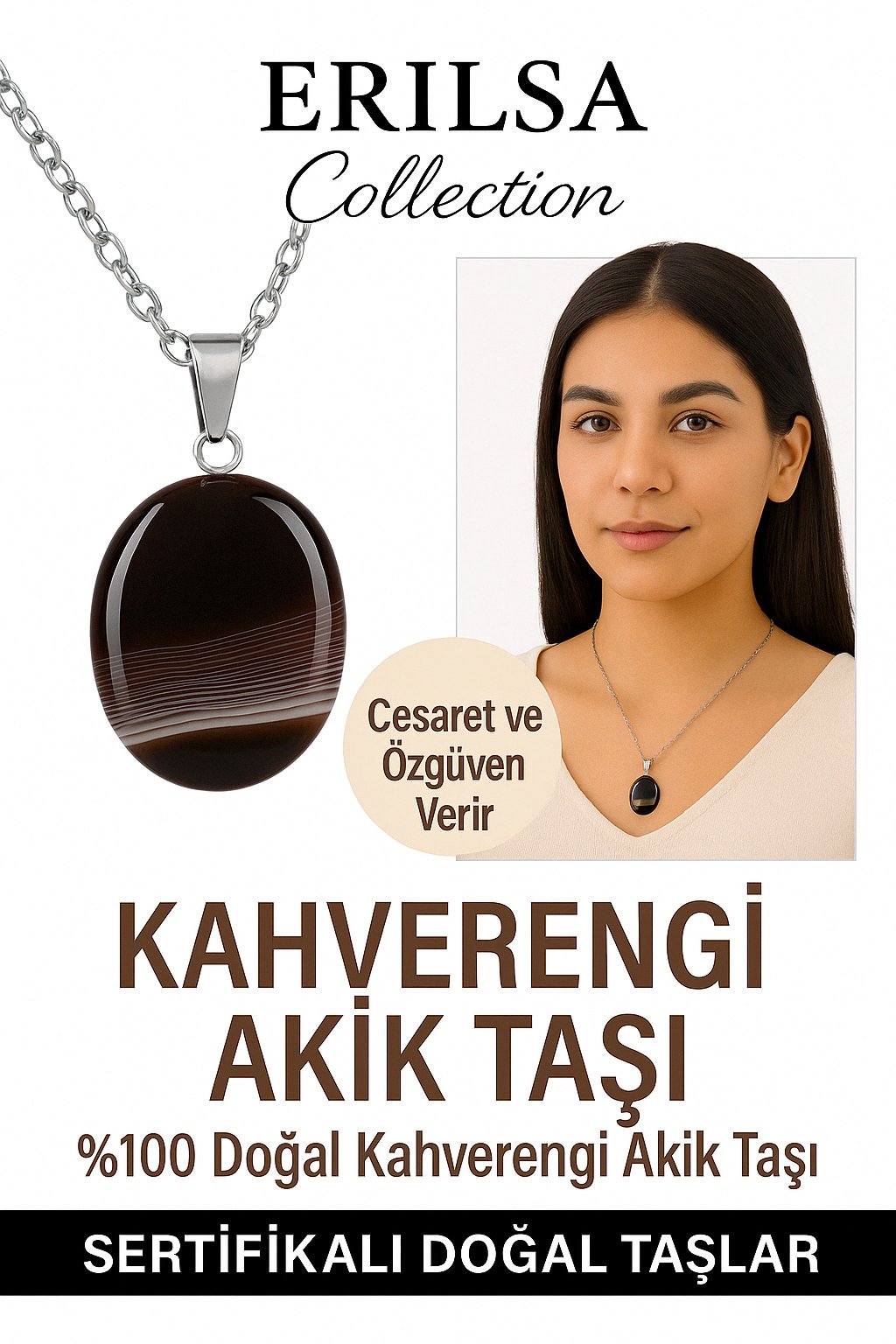 Sertifikalı Oval Kahverengi Akik Taşı Doğal Taş Kolye – Gümüş Aparatlı Denge ve Koruma Taşı