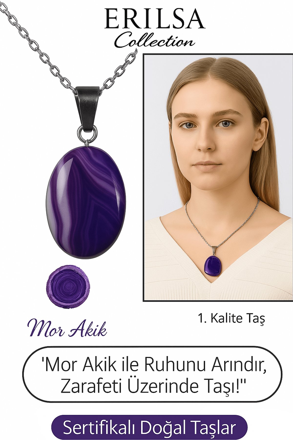 Sertifikalı Oval Mor Akik Taşı Kolye – Gümüş Aparatlı Doğal Şifa ve Zarafet İçin