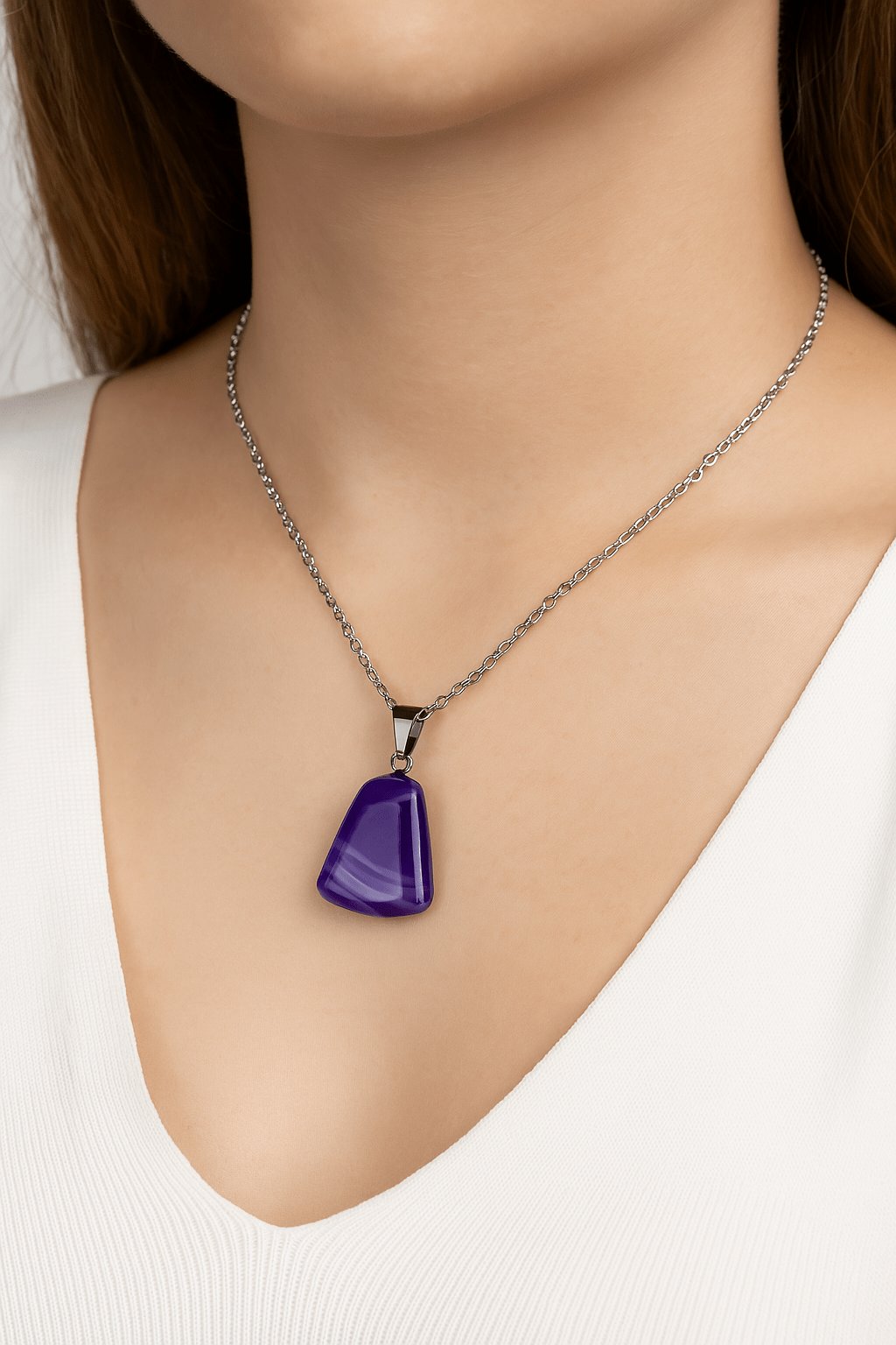 Sertifikalı AAA+ Mor Akik Taşı Kolye – Beşgen Model, Gümüş Aparatlı