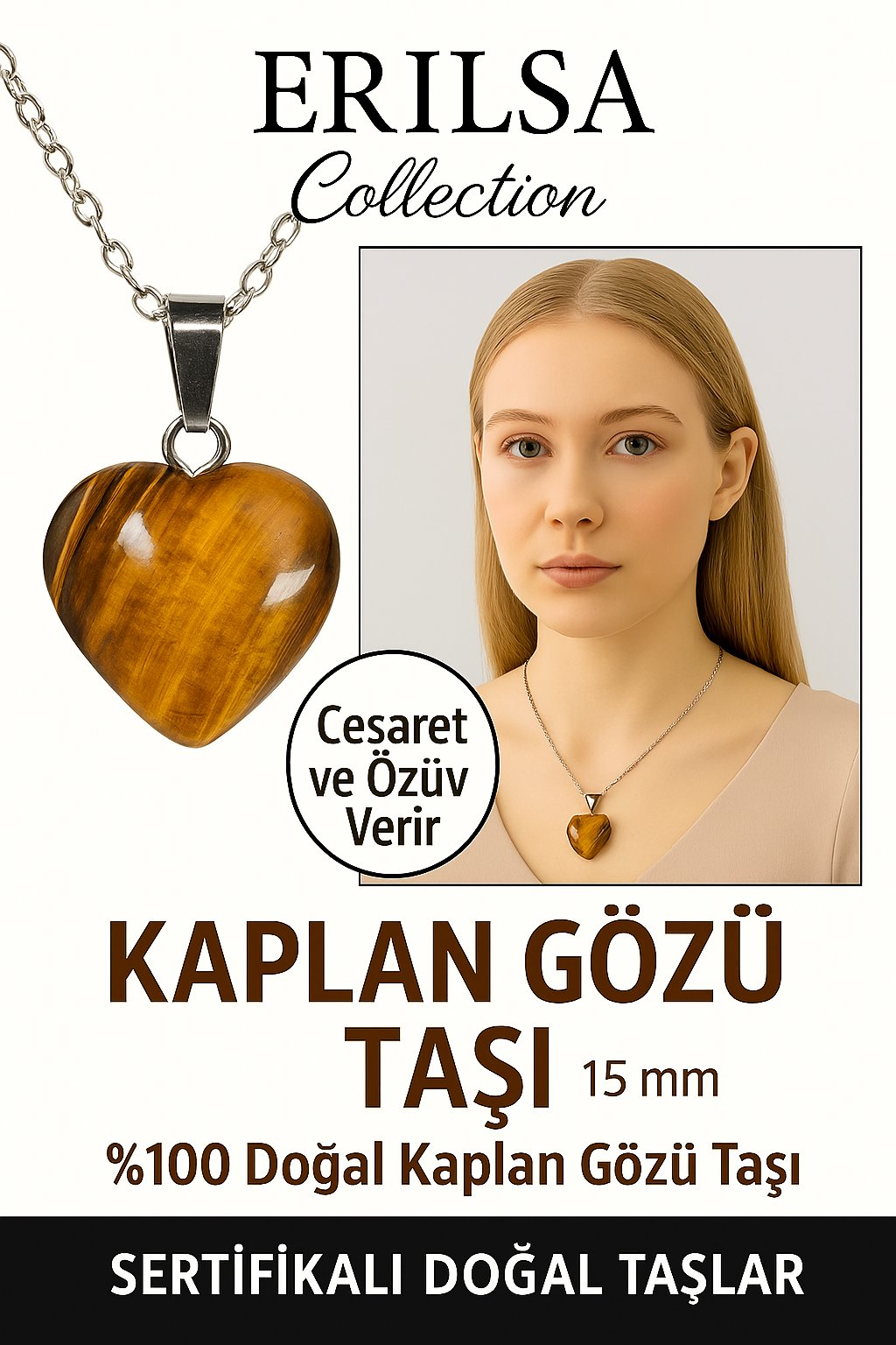 Sertifikalı Kalp Model Mini Kaplan Gözü Kolye – Cesaret, Odak ve Enerji Taşı