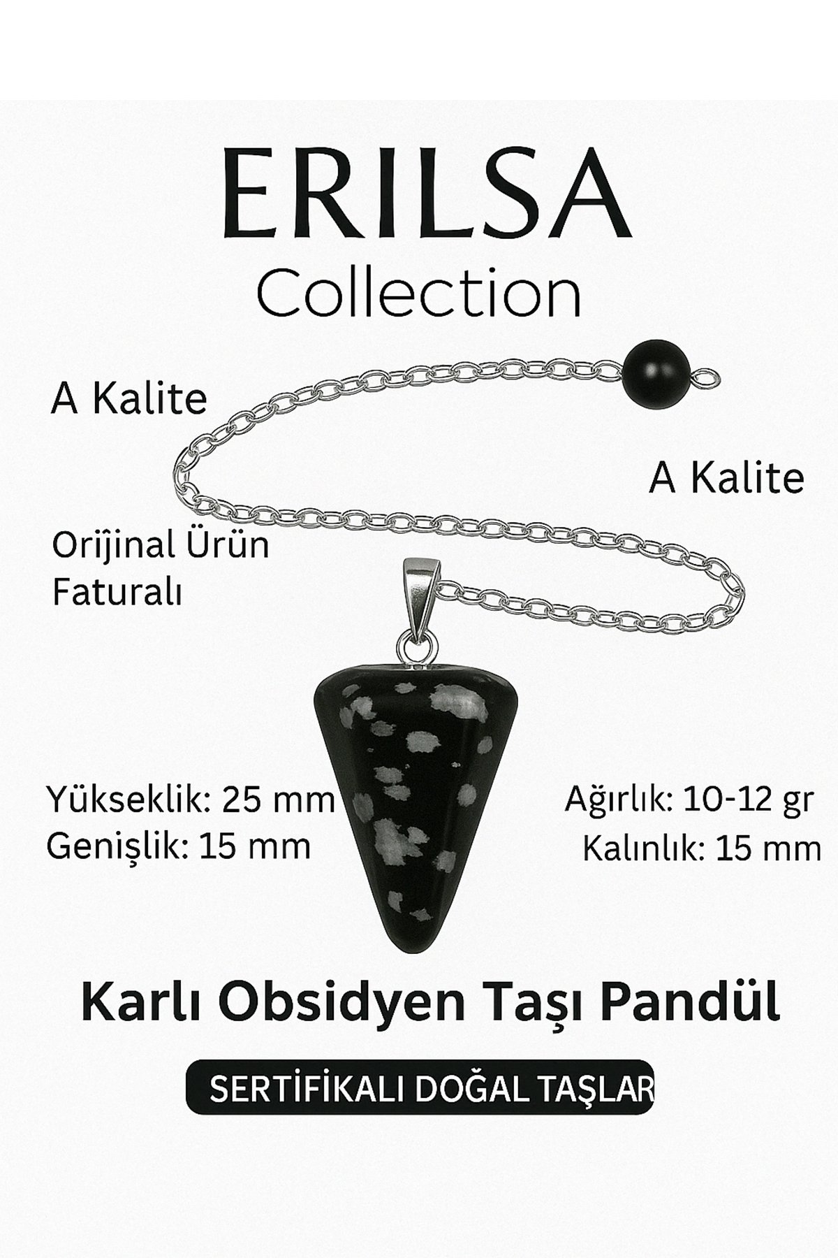 Sertifikalı Karlı Obsidyen Pandül ve Kolye – Negatif Enerji Temizliği ve Farkındalık Taşı (Sarkaç)