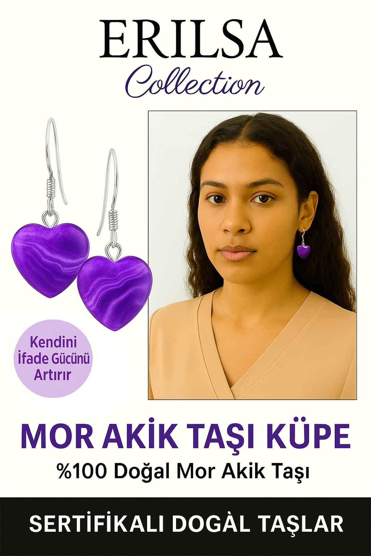 Sertifikalı Kalp Model Mini Mor Akik Taşı Doğal Taş Küpe – Koruma, Denge ve Ruhsal Şifa Taşı