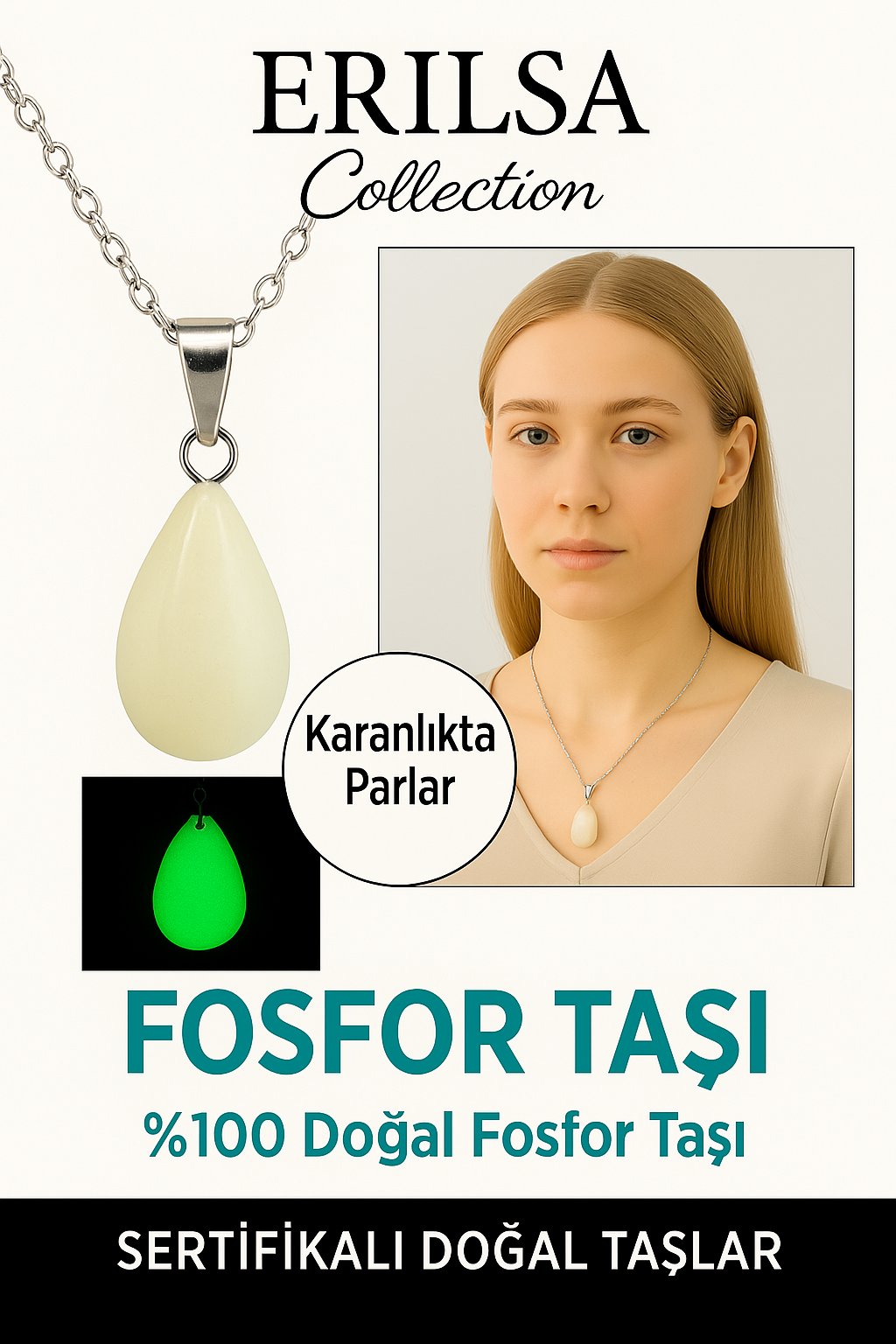 Sertifikalı Damla Model Fosfor Taşı Kolye – Karanlıkta Parlayan Doğal Enerji Taşı