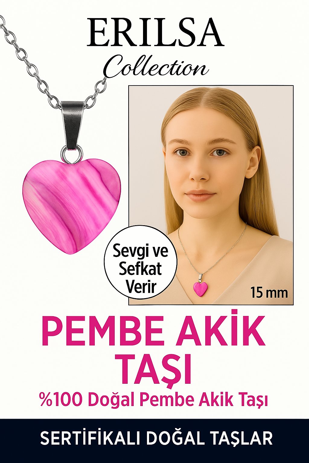 Sertifikalı Kalp Model Mini Pembe Akik Kolye – Sevgi, Sakinlik ve Enerji Dengeleyici Taş