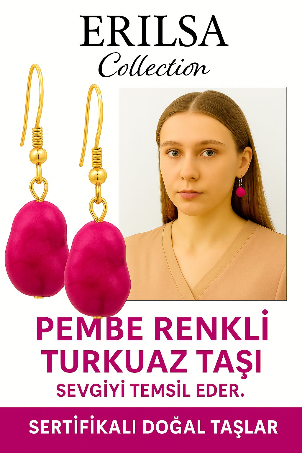 Sertifikalı Ham İşlenmemiş Pembe Turkuaz Taşı Küpe – Sevgi, Huzur ve Pozitif Enerji Taşı