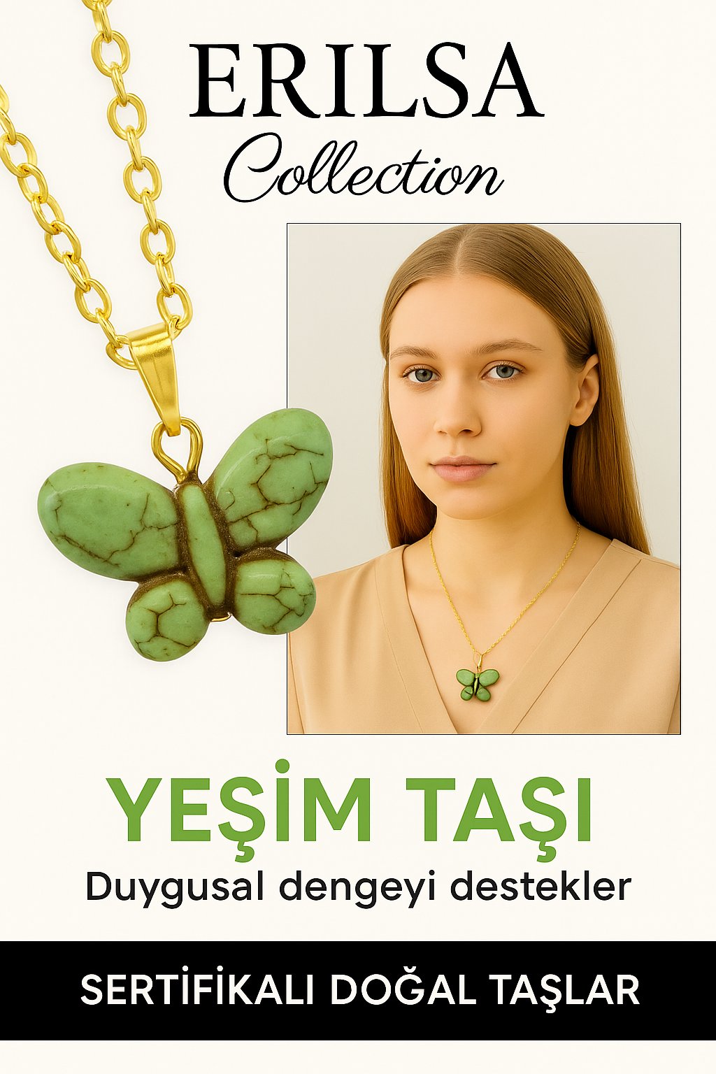 Sertifikalı Sarı Renkli Kelebek Model Yeşim Taşı Kolye – Şans, Dönüşüm ve Ruhsal Huzur Taşı