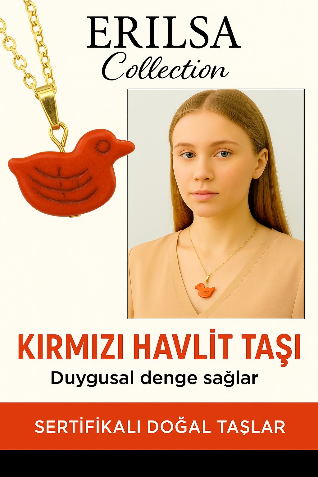 Sertifikalı Kuş Model Kırmızı Havlit Taşı Kolye – Enerji, Denge ve Ruhsal Güç Taşı