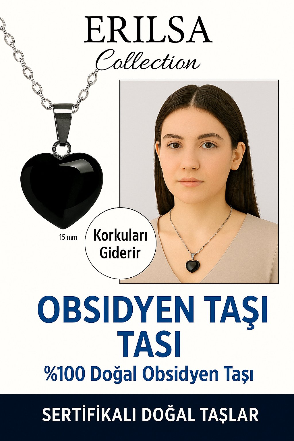 Sertifikalı Kalp Model Mini Siyah Obsidyen Taşı Kolye – Koruma, Arınma ve Duygusal Güç Taşı