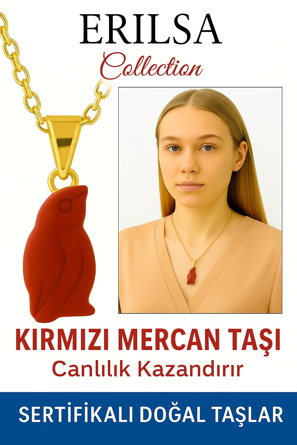 Sertifikalı Penguen Model Kırmızı Mercan Kolye – Sadakat, Enerji ve Cesaret Taşı