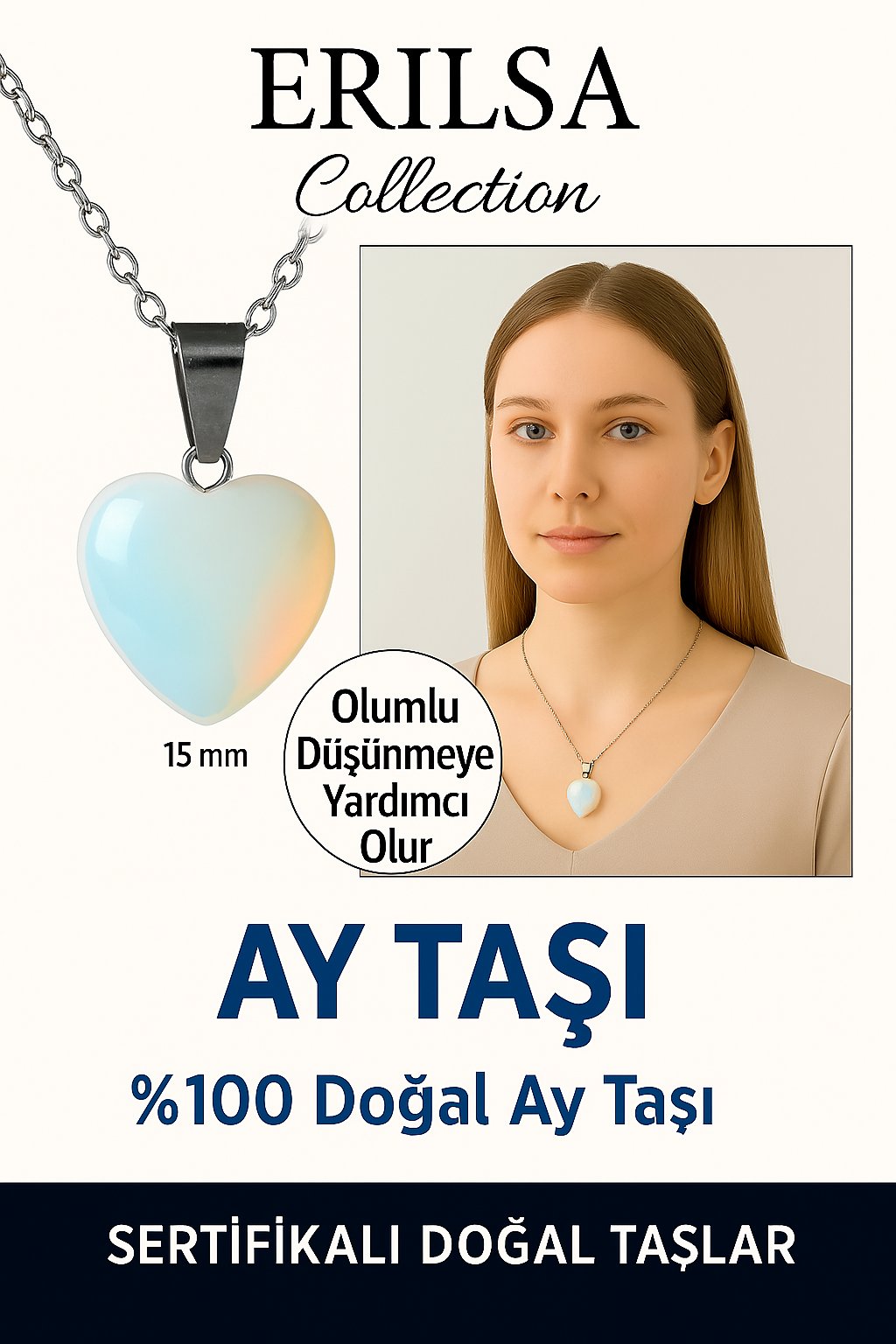 Sertifikalı Kalp Model Mini Ay Taşı Kolye – Duygusal Denge ve Dişil Enerji Taşı